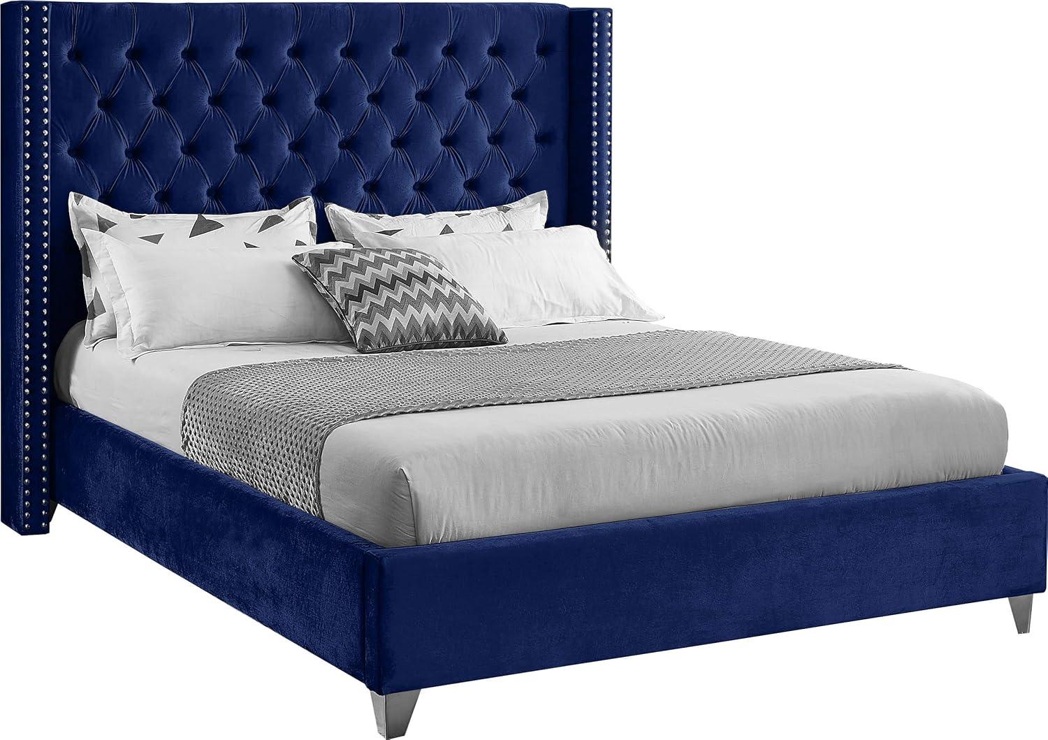 Meridian Furniture Aiden Velvet Queen Bed-Color:Navy Velvet,Style:Contemporary