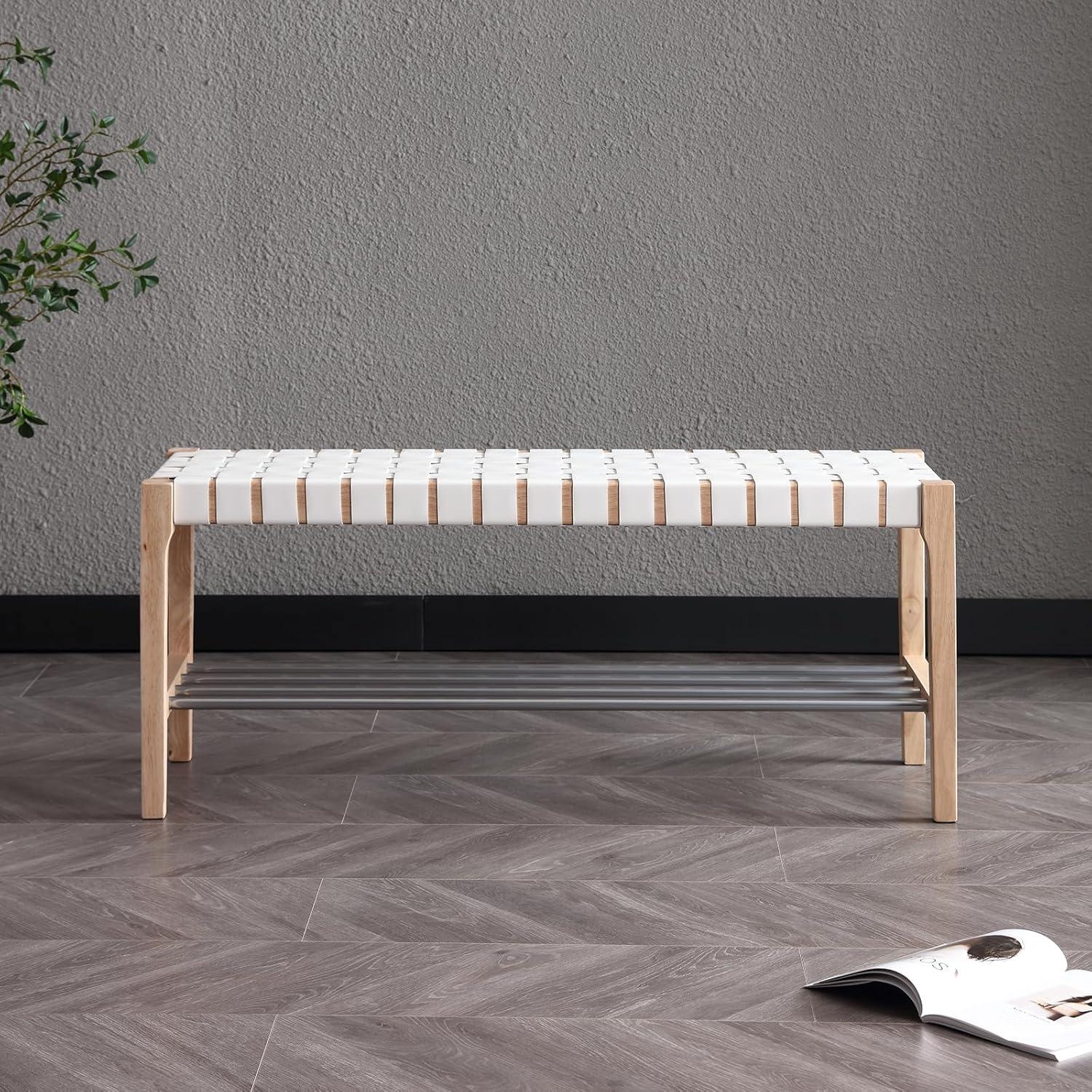 Modern White Faux Leather Woven Bench with Metal Shelf