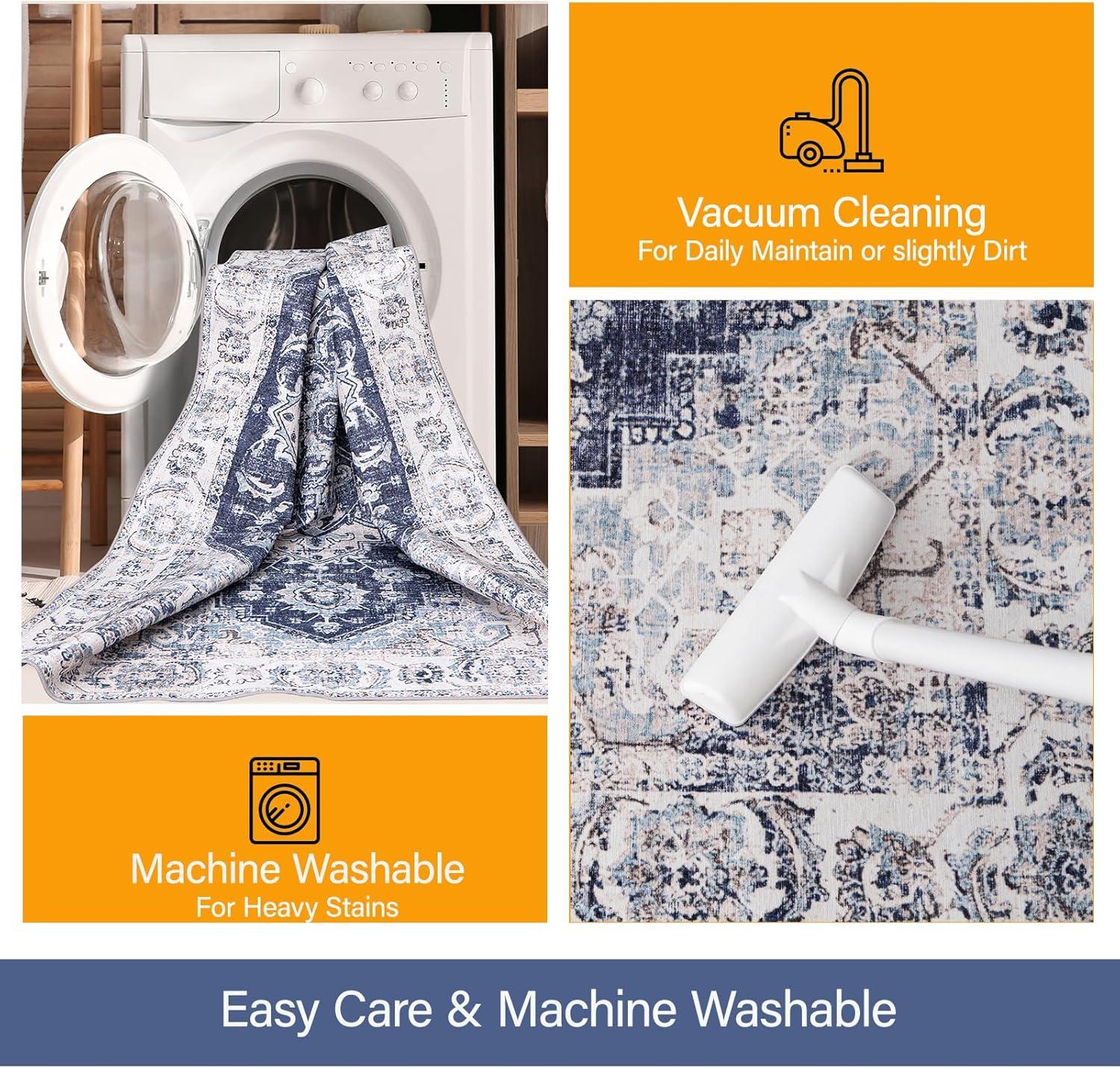 Washable Area Rug 5x7, Blue Rug for Living Room, Non Slip Low Pile Carpet for Bedroom, Dinning Room (Vintage Blue, 5'x7')