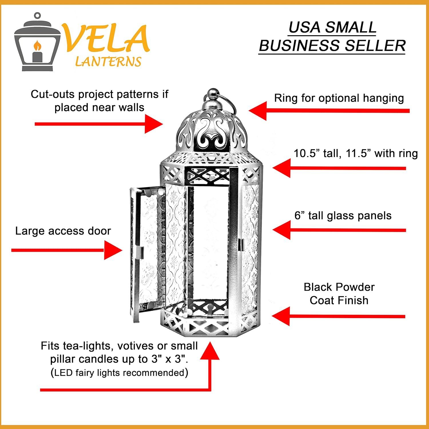VELA LANTERNS 10.5" Purple Gothic Moroccan Candle Lantern Decorative Candle Holder Lamp for Table or Hanging, Ramadan Decorations, Indoor Home Room Halloween Decor, Outdoor Patio or Porch, Medium