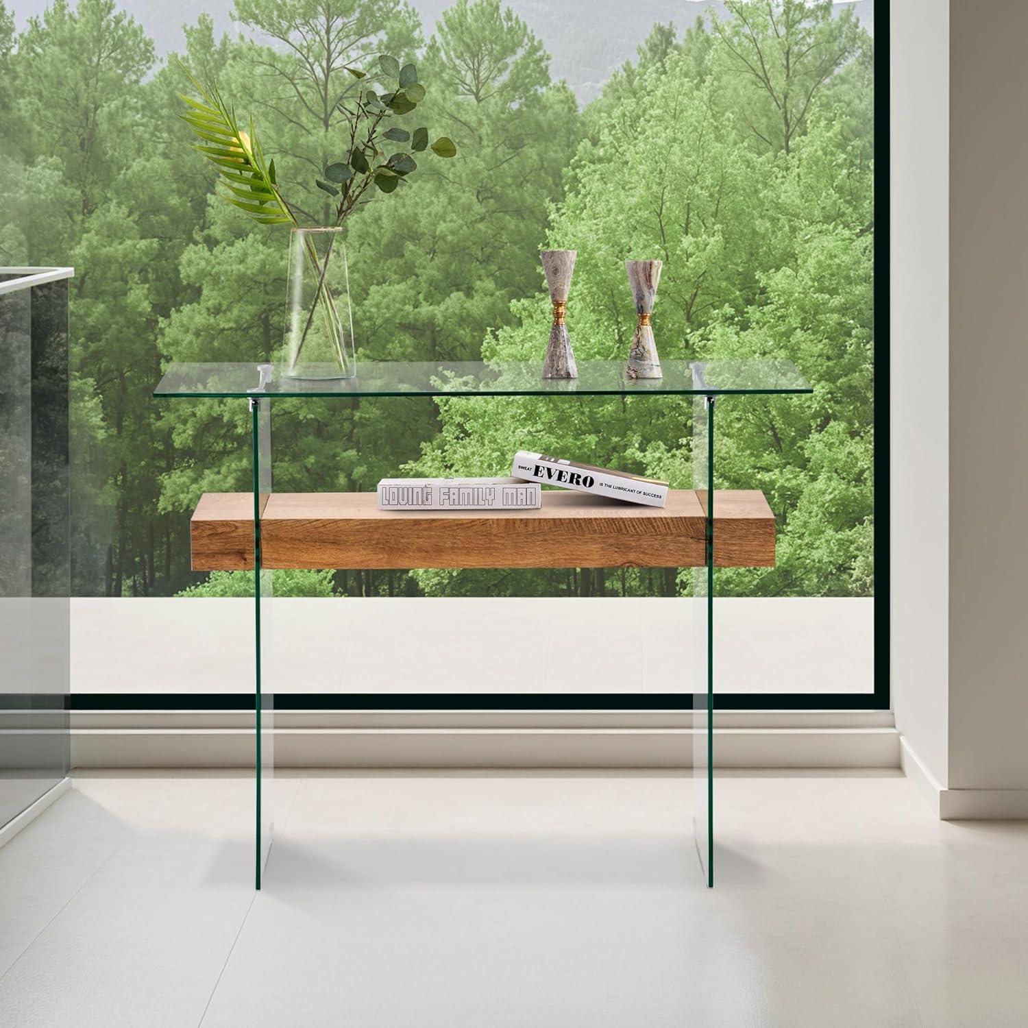 Ivinta Narrow Glass Console Table with Storage Modern Sofa Table Entryway Table Glass Writing Desk Small Computer Desk TV Table Buffet Table Modern Accent Table for Small Space Living Room Hallway