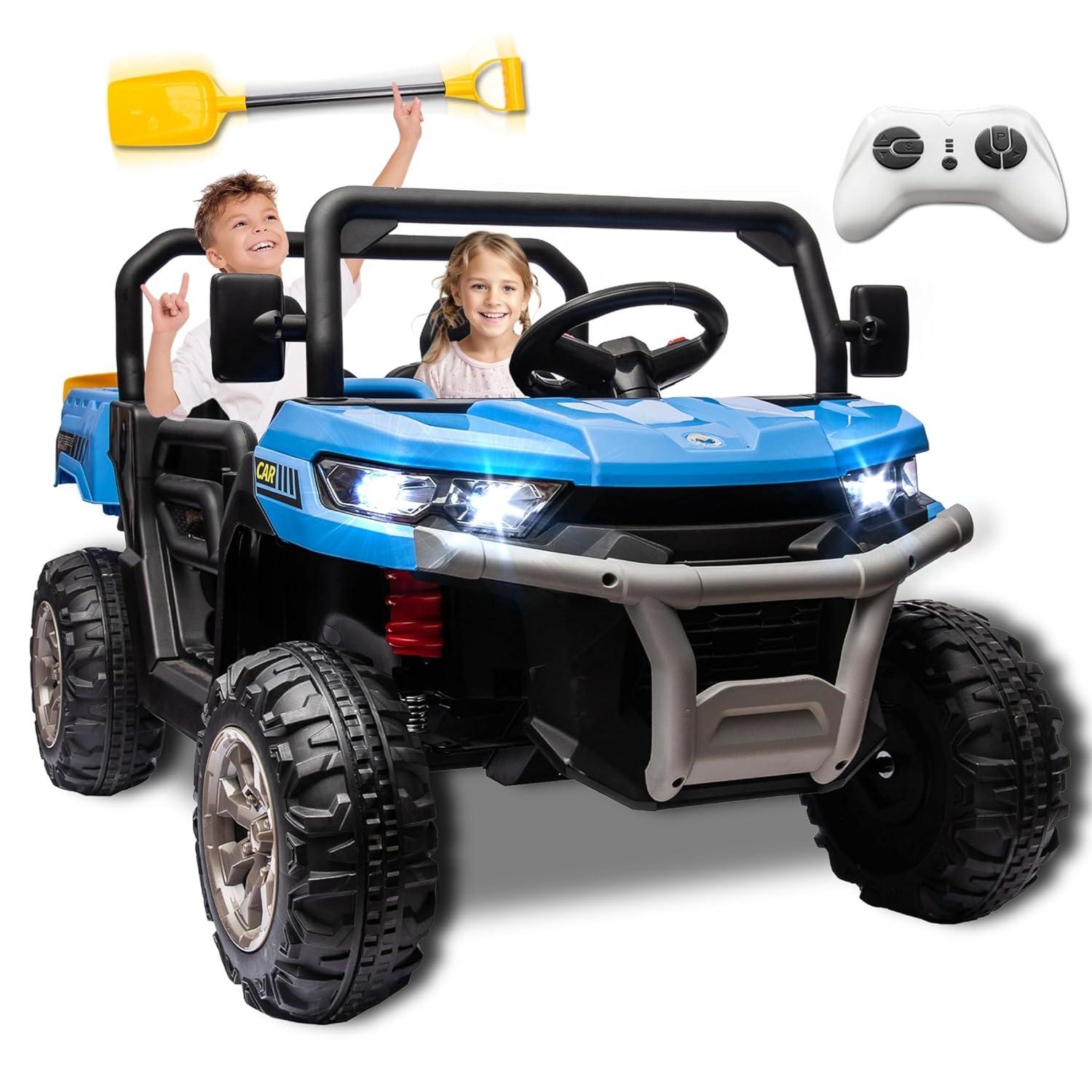 24V 2 Seater Kids Ride on Car Truck, Ride On UTV with 2x200W Motor Ride On Dump Truck, Ride On Car with Dump Bed/Shovel, Electric Vehicle with Durable Tires, LED Light, Music, Remote Control, Blue