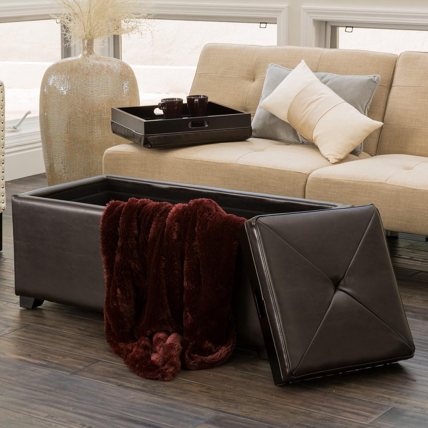 SUSIMOND Maxwell Bonded Leather Double Tray Ottoman, Brown , 38 x 19x 17inches