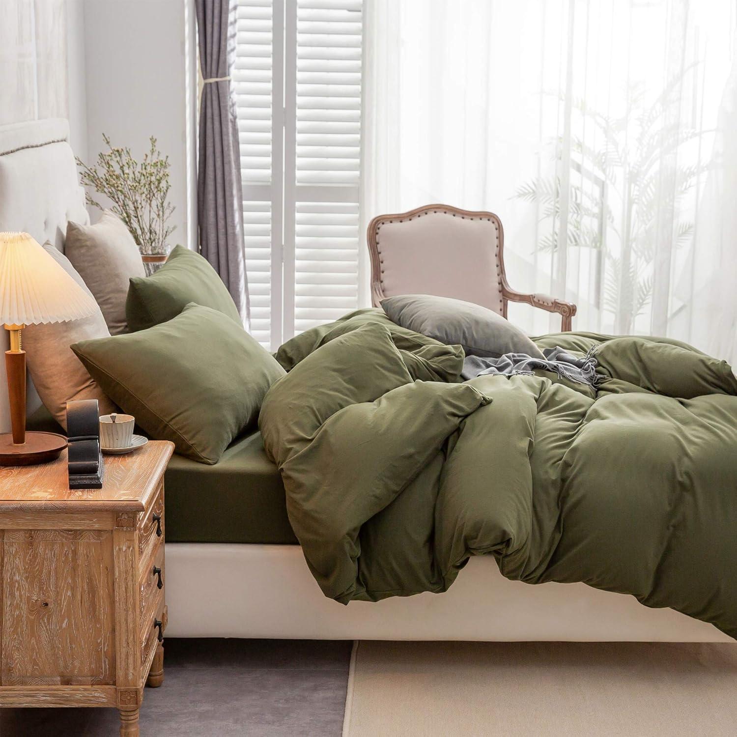 PURE ERA Jersey Knit Duvet Cover Set 100% T-Shirt Cotton Super Soft Comfy 2pc Bedding Set with Zipper Closure (Solid Olive Green, Twin)