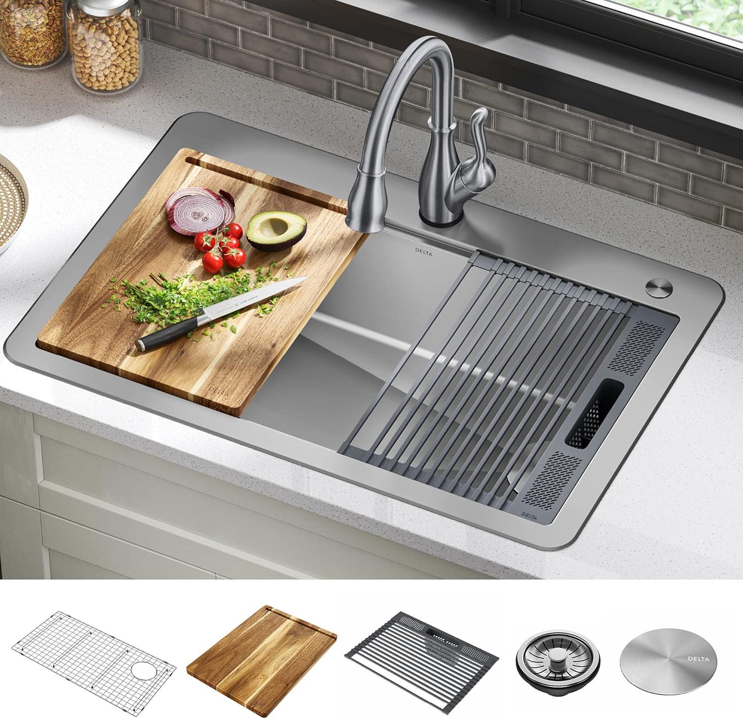 Delta Lorelai™ 33" L Workstation Kitchen Sink Drop-In Top Mount 16 Gauge Stainless Steel Single Bowl