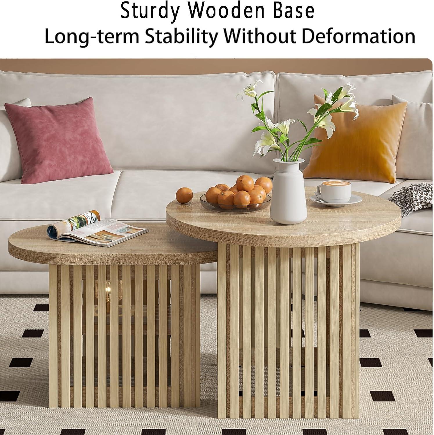 Natural Wood Round Nesting Coffee Table Set with Fluted Panels