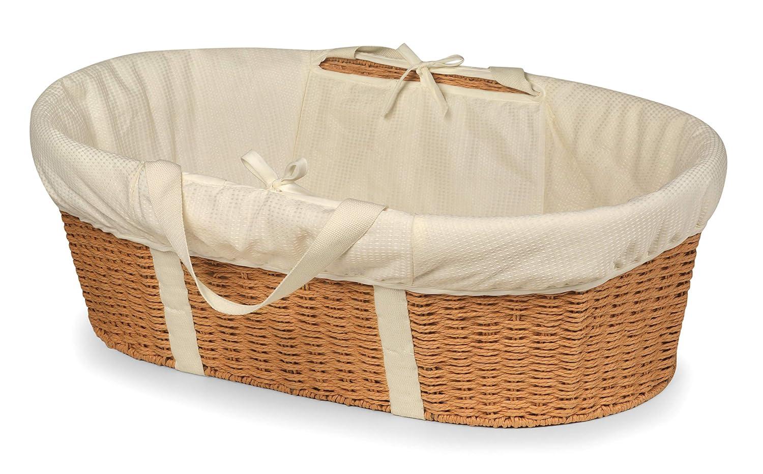 Elegant Natural Ecru Woven Moses Basket with Comfort Liner and Foam Pad