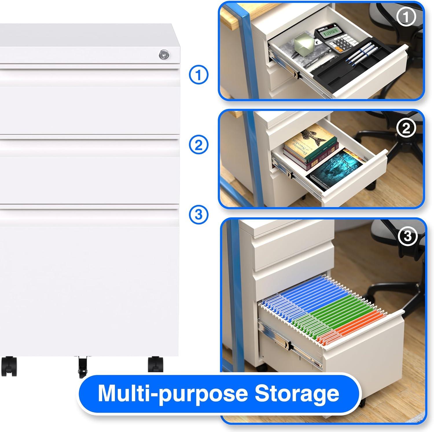 U-SHARE Mobile File Cabinet, 3 Drawer Locking Filing Cabinet, Under Desk Office Metal Storage Cabinet on Wheels for Legal/Letter/A4 File (Fully Assembled Cabinet,White)