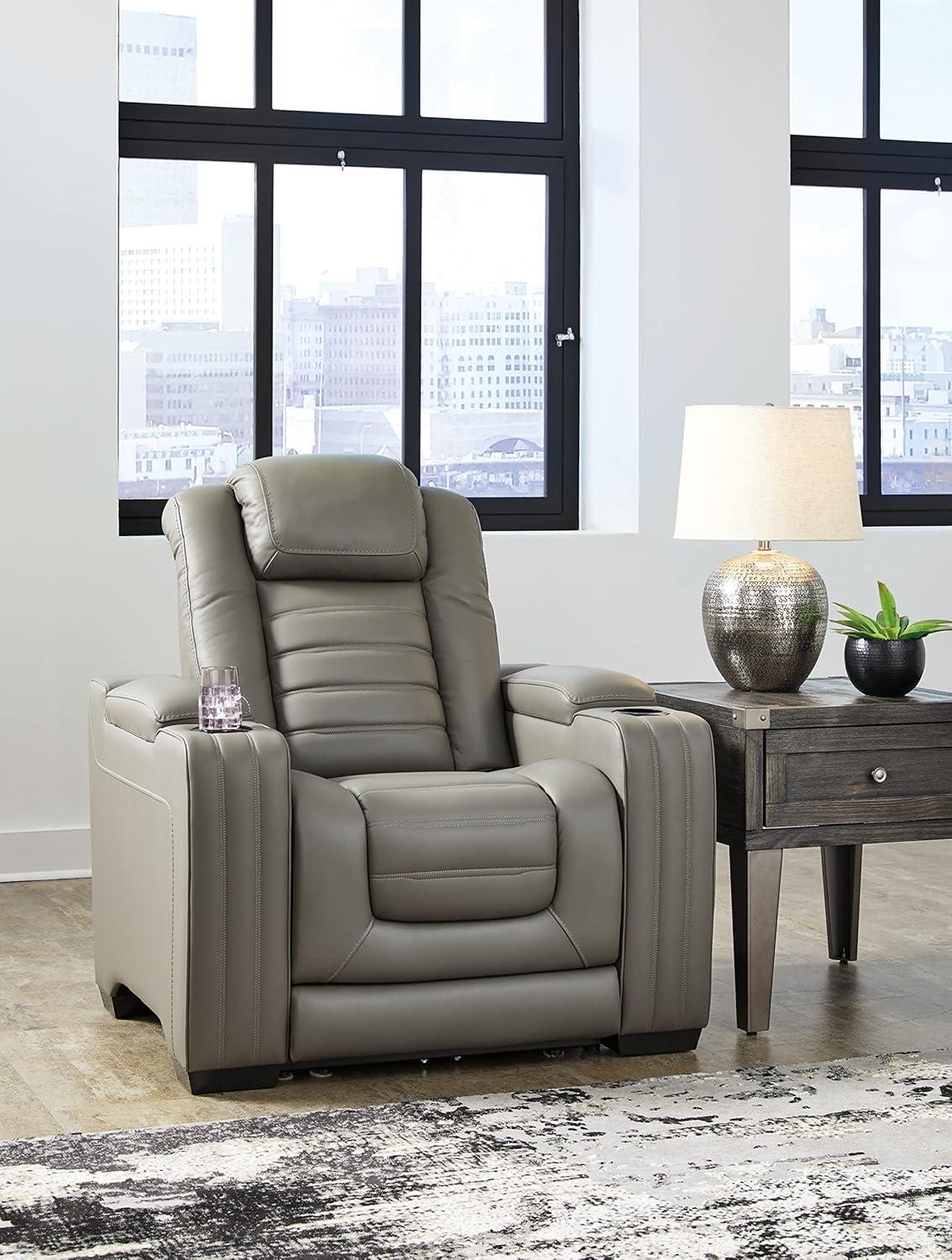 Gray Leather Contemporary Power Recliner with Air Massage