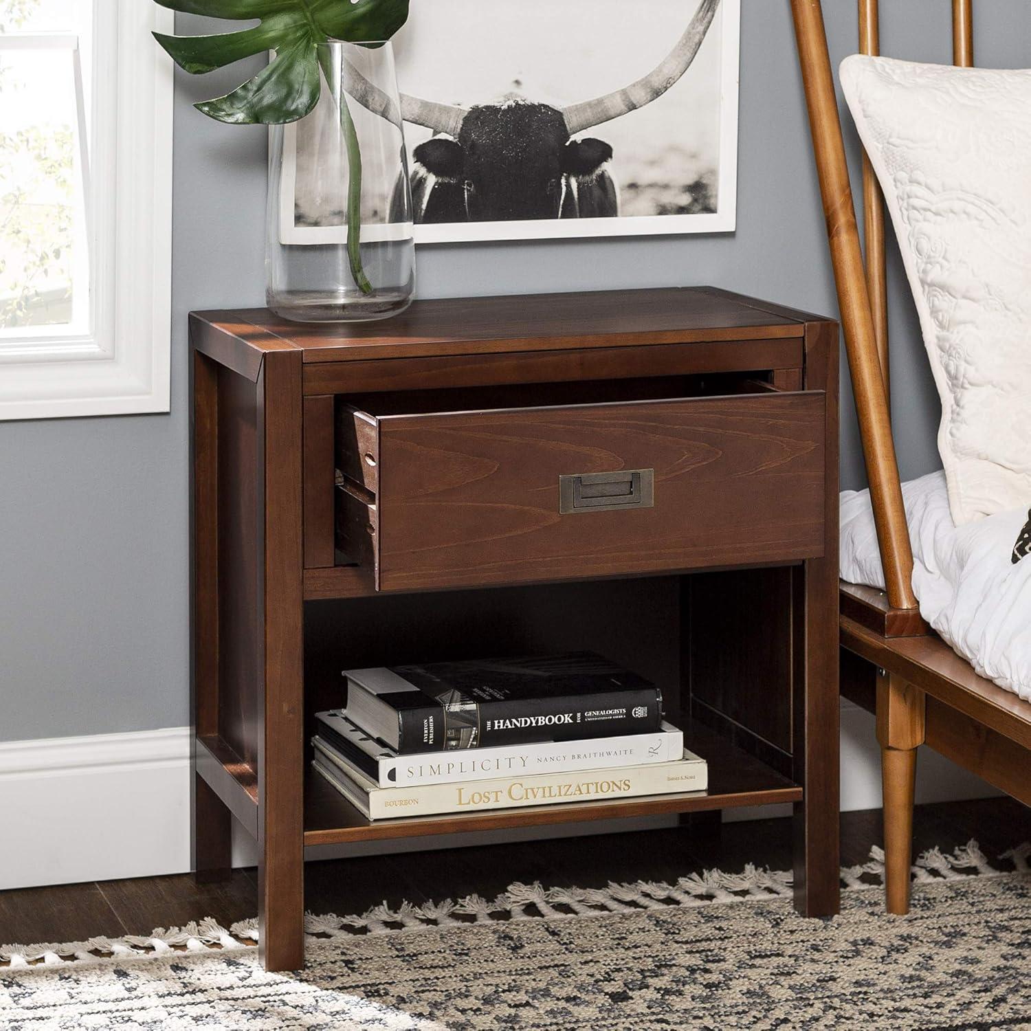 Mid-Century Chic Walnut Solid Wood Nightstand with Metal Handle