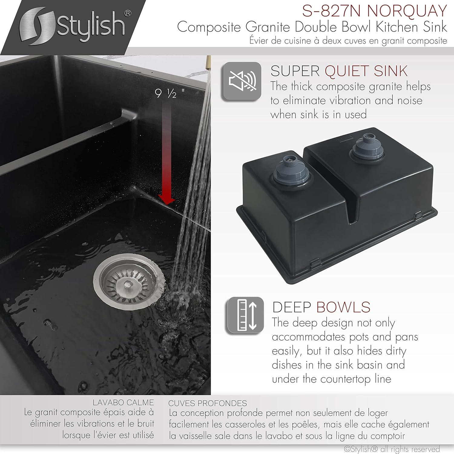 STYLISH S-827N Pietra STYLISH 27 inch Double Bowl 60/40 Dual Mount Composite Granite Kitchen Sink