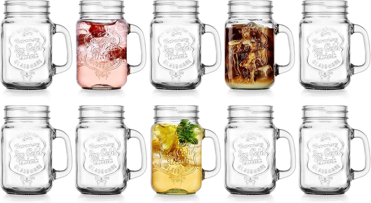 Glaver's Set of 10 Ice Cold 16 Oz. Mason Drinking Glasses With Handles. Quality Refreshing Ice Cold Embossed Logo Jars for Beverages, Cocktails, Shakes, Smoothies, Sodas, Juice.