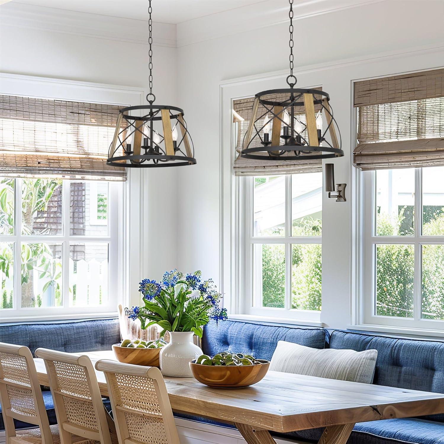 Kira Home Napa 18" Farmhouse Round Pendant Chandelier, Open Cage Design, Smoked Birch Wood, Perfect for Dining Rooms