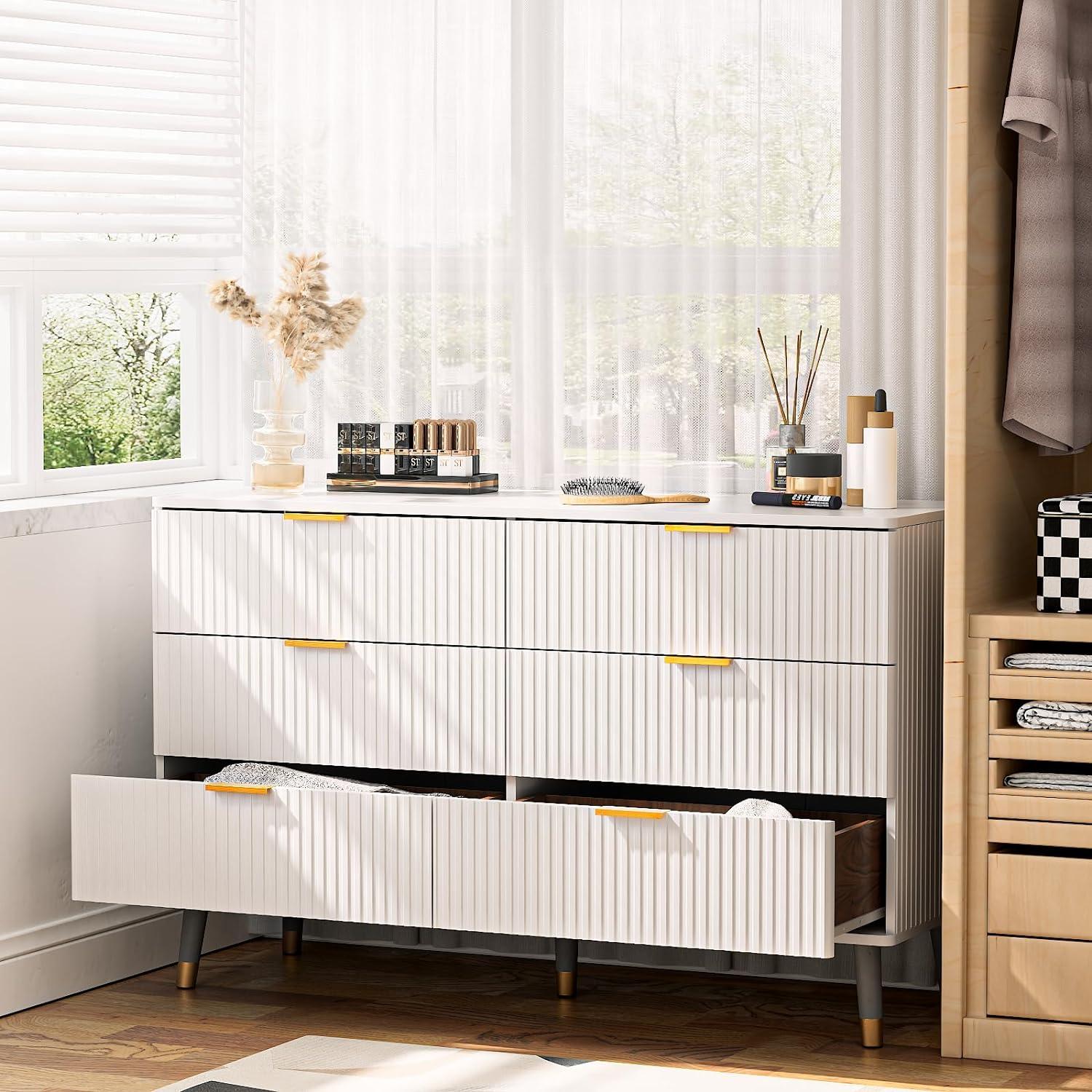 6 Drawer Dresser for Bedroom,Modern Bedroom Dresser,Fluted White and Gold Dresser with Curved Profile Design