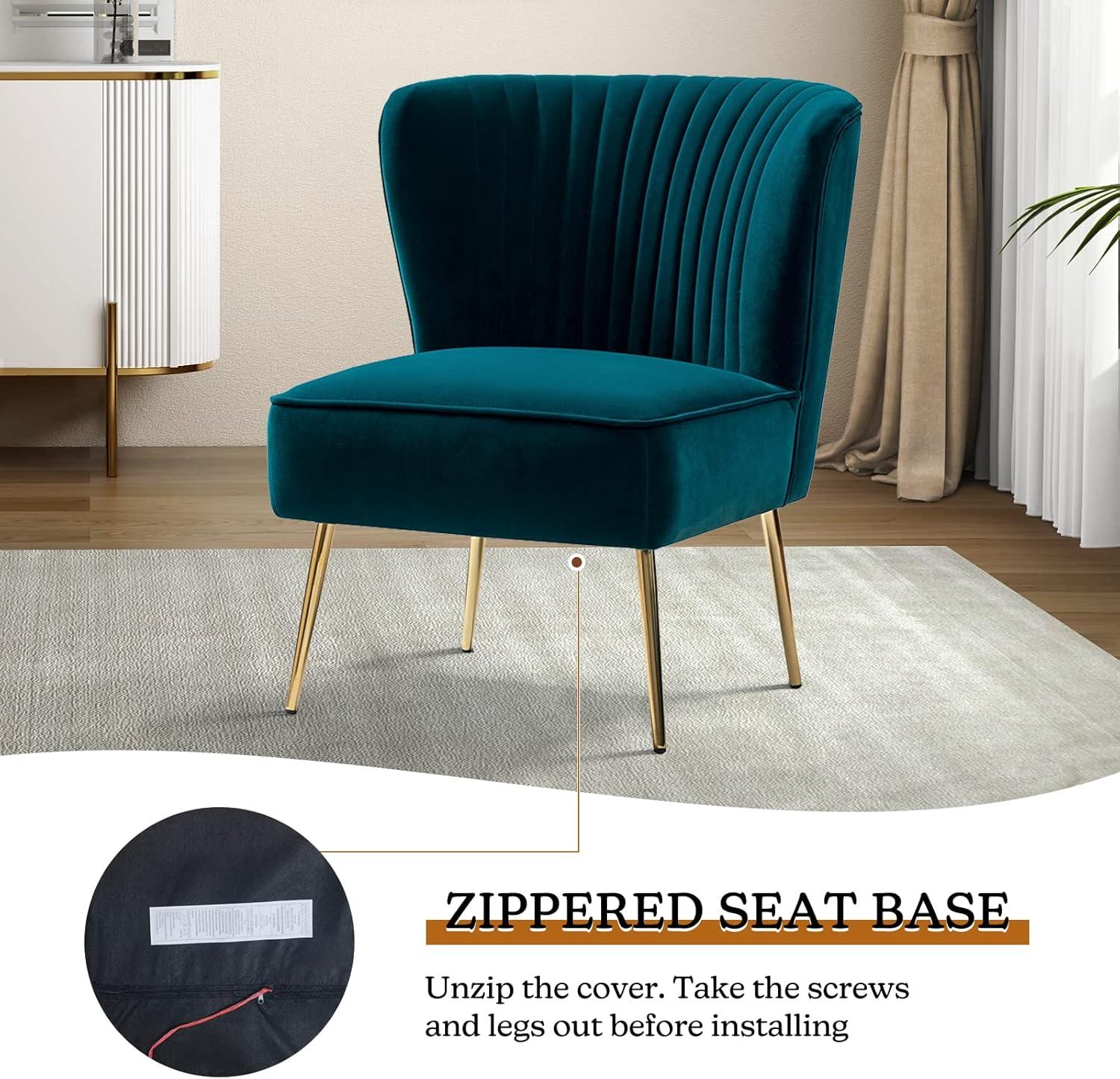 Velvet Upholstered Side Chair Armless Tufted Wingback Metal Legs Dining Living Bedroom Adult Teal