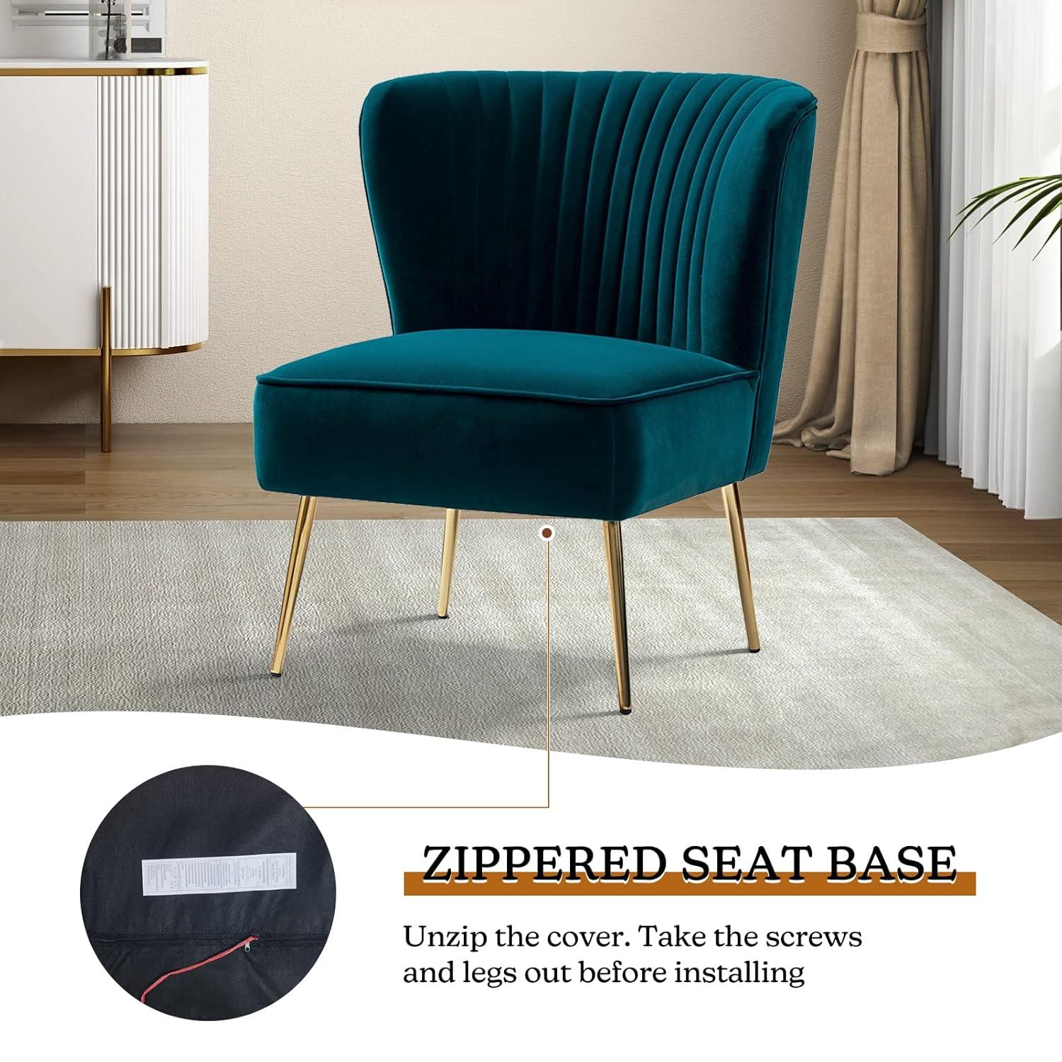 Velvet Upholstered Side Chair Armless Tufted Wingback Metal Legs Dining Living Bedroom Adult Teal