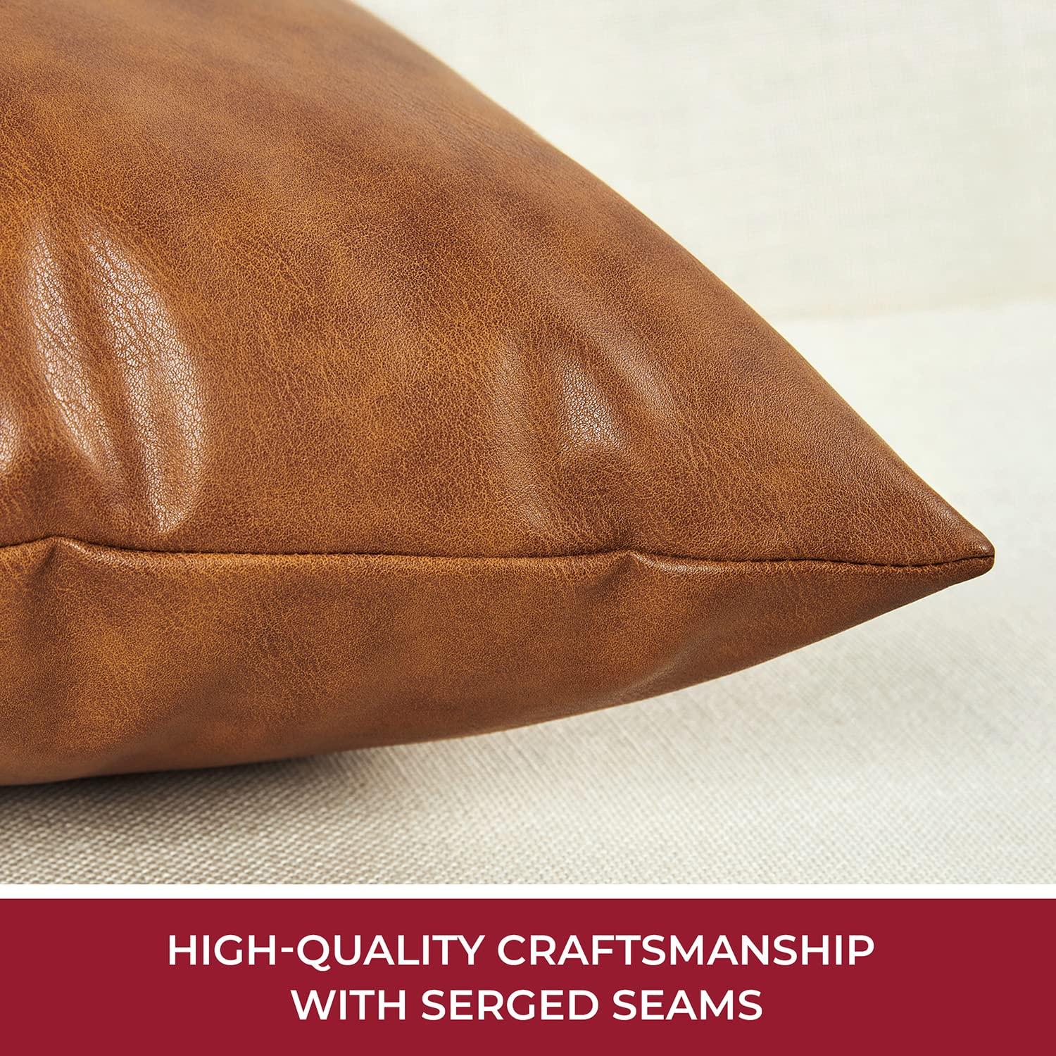 Mellanni 100% Faux Leather Throw Pillow Covers, Pillowcases with Invisible Zippered Closure, 18x18, Brown, 2 Count