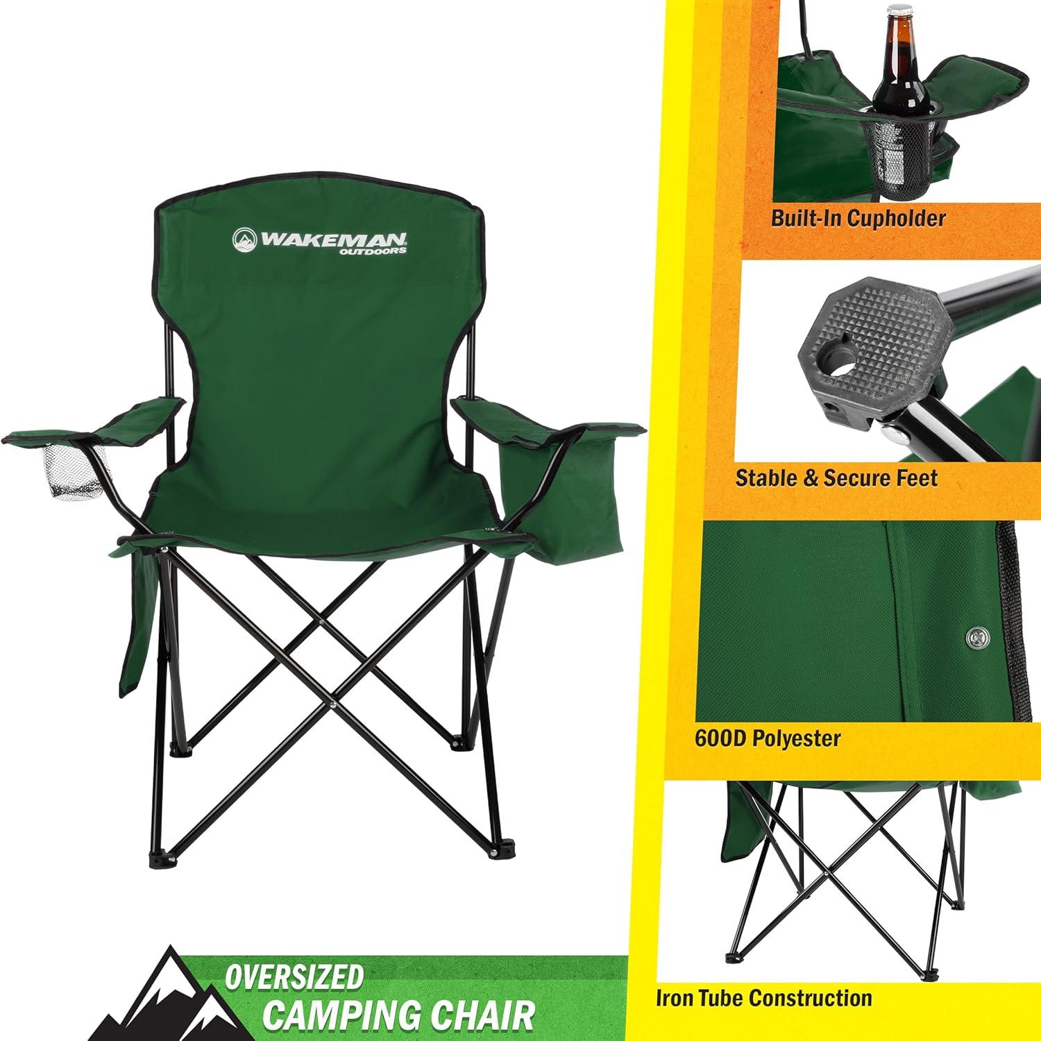 Wakeman Oversized Camping Chair with Cupholder and Cooler- Folding Chair with 300lb Capacity, Green