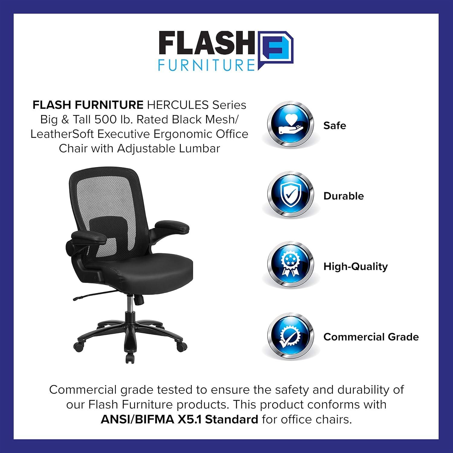Flash Furniture HERCULES Series Big & Tall 500 lb. Rated Black Mesh/LeatherSoft Executive Ergonomic Office Chair with Adjustable Lumbar
