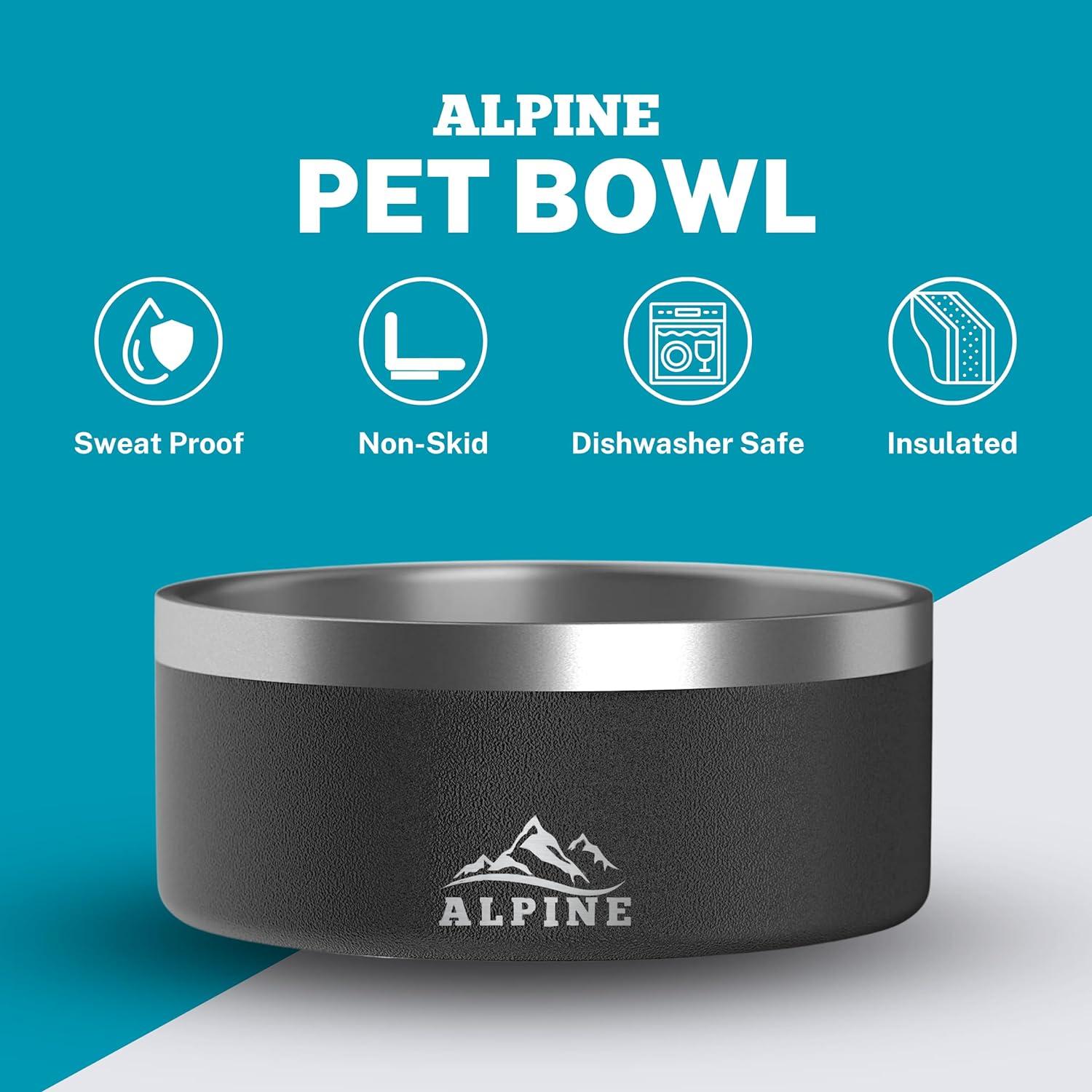 ALPINE Set of 2 Stainless Steel Dog Bowls, Non Slip, Metal Pet Bowl for Food and Water, Double Walled Insulated, Rustproof, Dishwasher Safe (32 oz, Black)