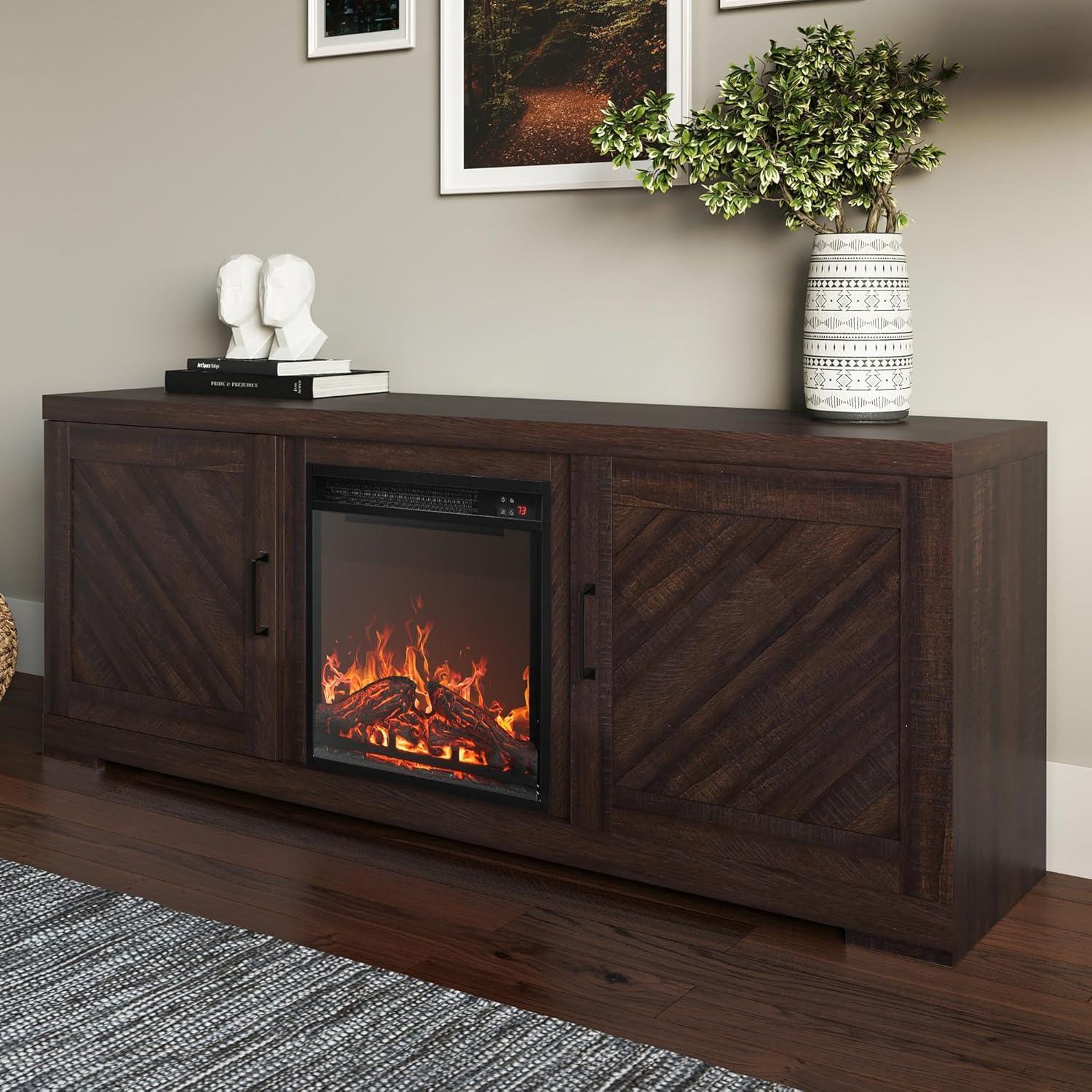BELLEZE 58" Farmhouse TV Stand Media Entertainment Center For TVs up to 65" with 18" Fireplace - Hilo (Espresso)