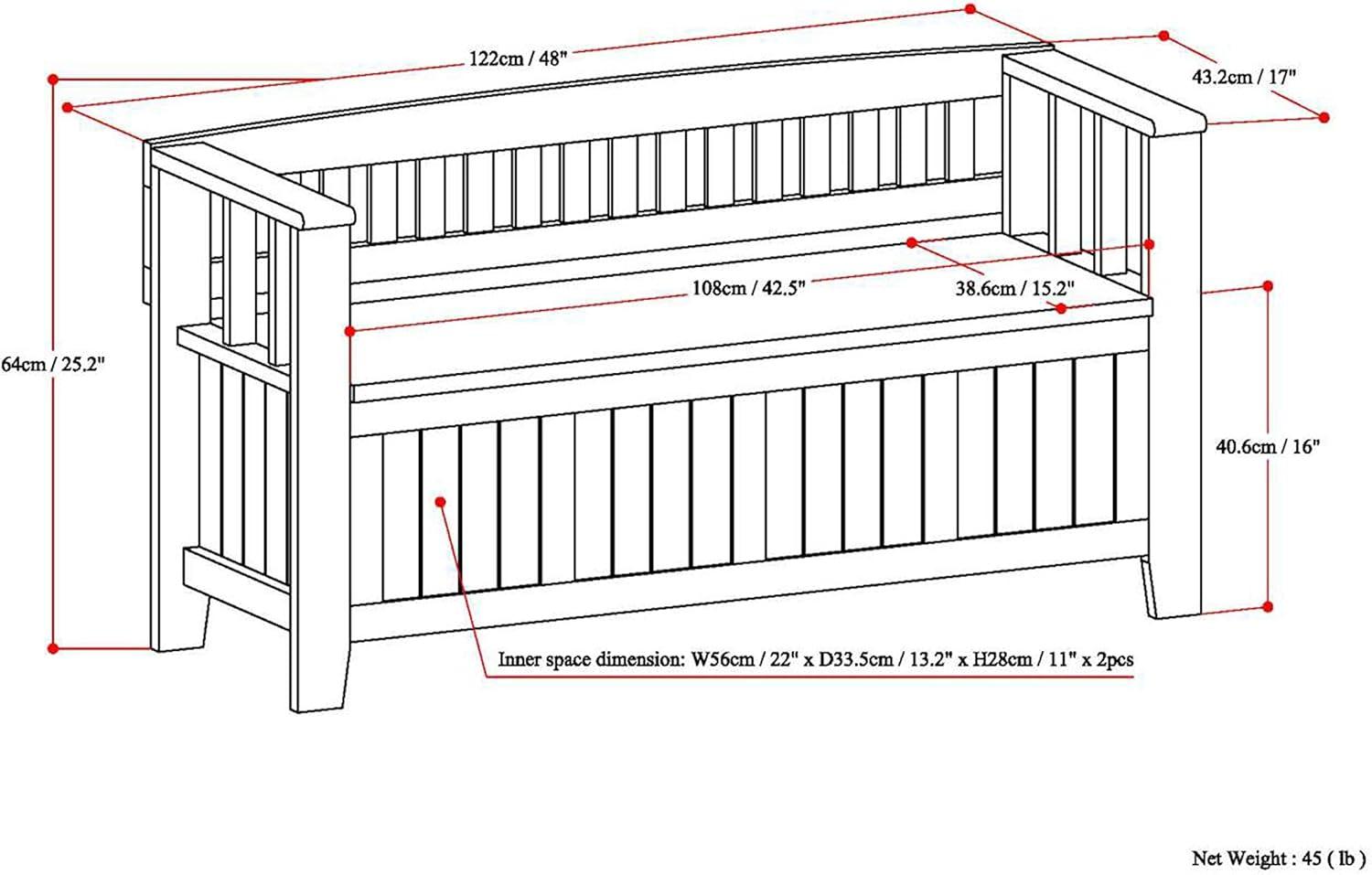Simpli Home Acadian 48"W Solid Wood Entryway Storage Bench with Lift-Top Lid and Dual Compartments