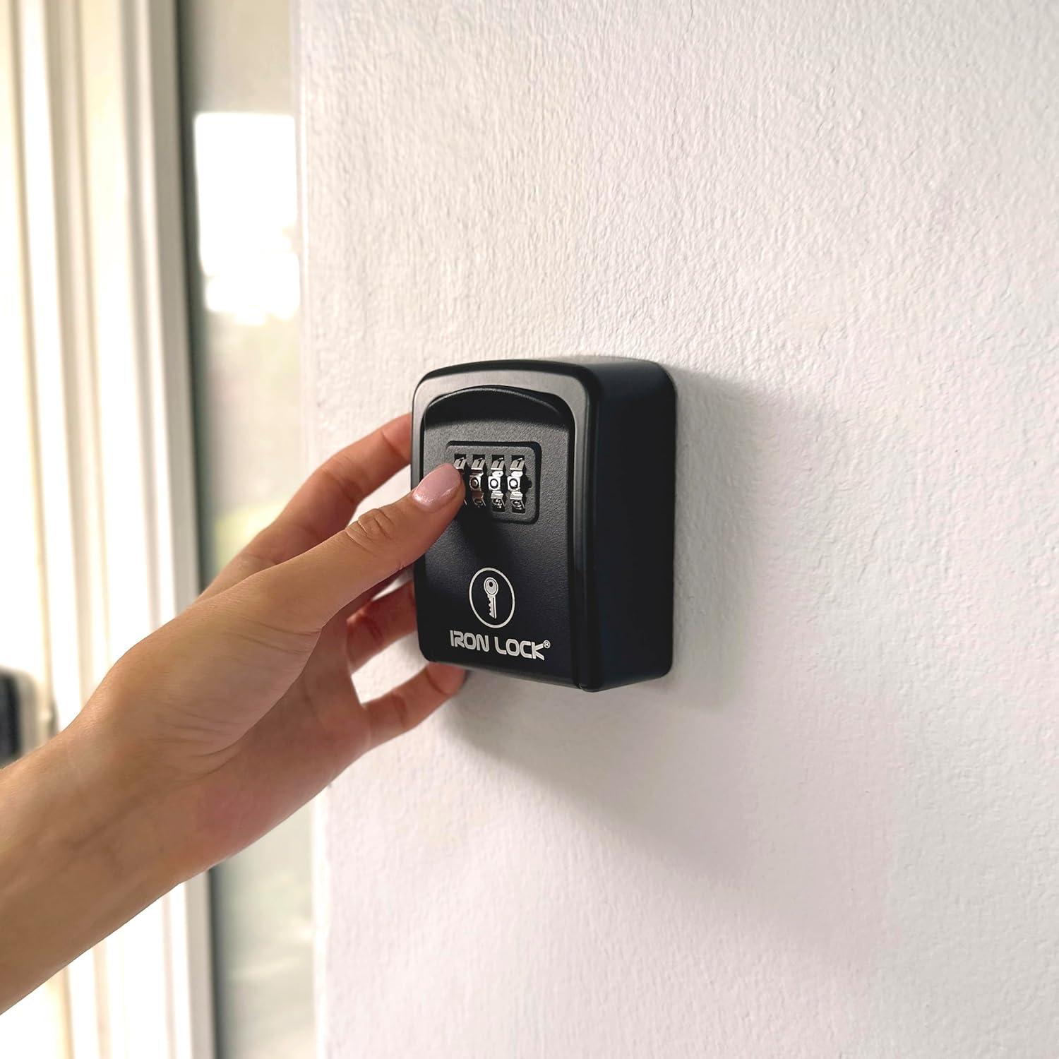 Iron Lock - Small Wall Mount Key Lock Box with 4-Digit Combo Resettable Code, Waterproof Lockbox