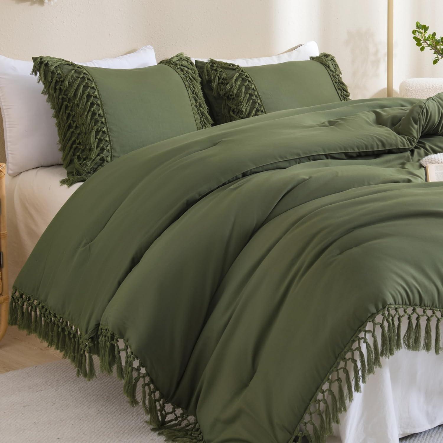 Sage Green King Microfiber Boho Tassel Comforter Set