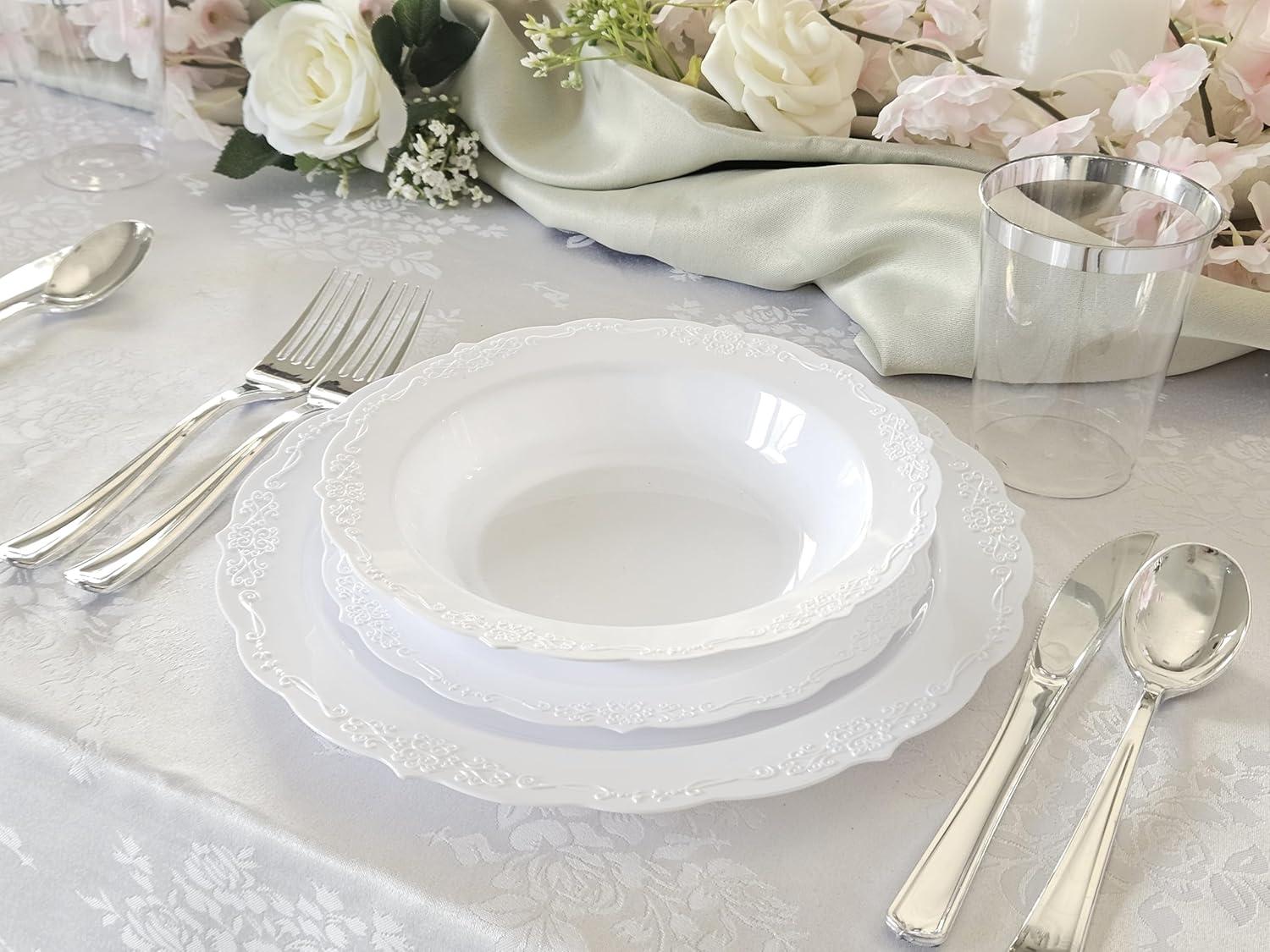 " OCCASIONS " 320 Piece set (40 Guests)-Vintage Wedding Party Disposable Plastic Plates & cutlery -40 x 10'' + 40 x 7.5'' + Silverware + 12oz Cups + Napkins (Verona White)