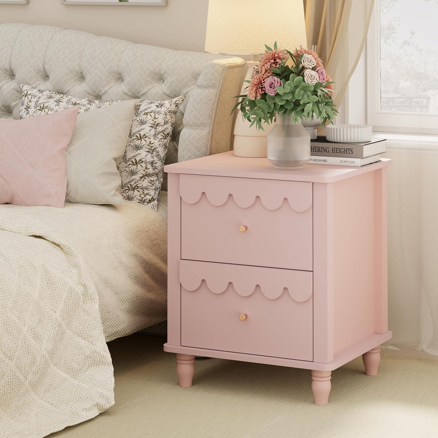 Pink MDF 2-Drawer Scalloped Nightstand with Solid Wood Legs