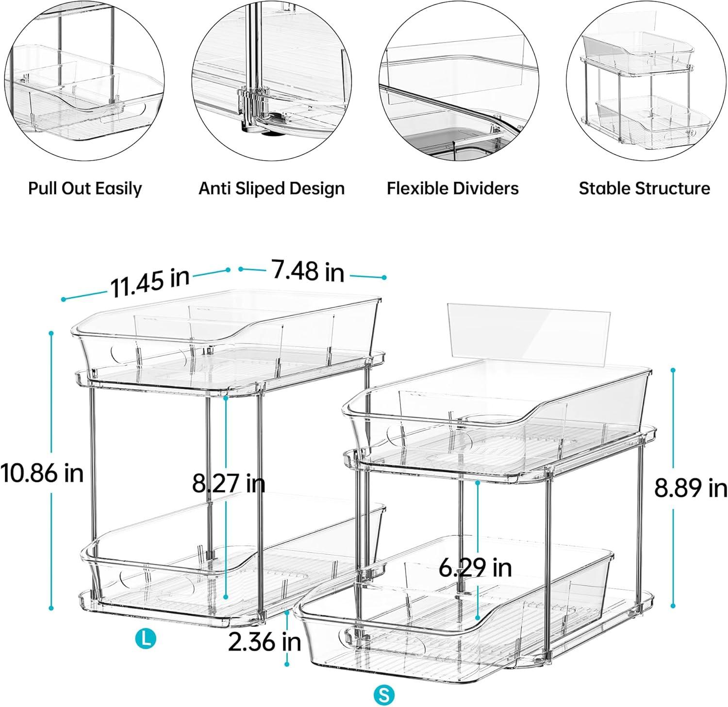 THE GLAMOUR BOUTIQUES 2 Sets Of 2-Tier Clear Under Sink Organizers And Storage, Multi-Purpose Stackable Bathroom Cabinet Organizers, Pull Out Kitchen Pantry Organization And Storage With Dividers