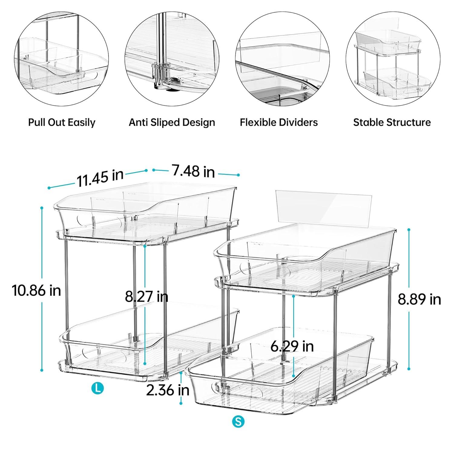 THE GLAMOUR BOUTIQUES 2 Sets Of 2-Tier Clear Under Sink Organizers And Storage, Multi-Purpose Stackable Bathroom Cabinet Organizers, Pull Out Kitchen Pantry Organization And Storage With Dividers