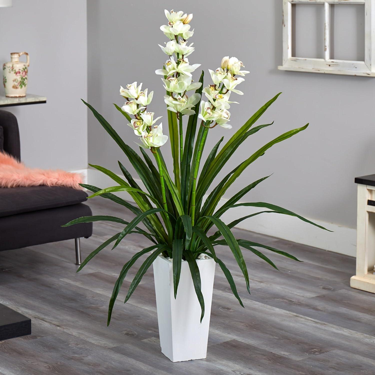 Nearly Natural 4.5-ft Cymbidium Orchid Artificial Plant in White Tower Planter