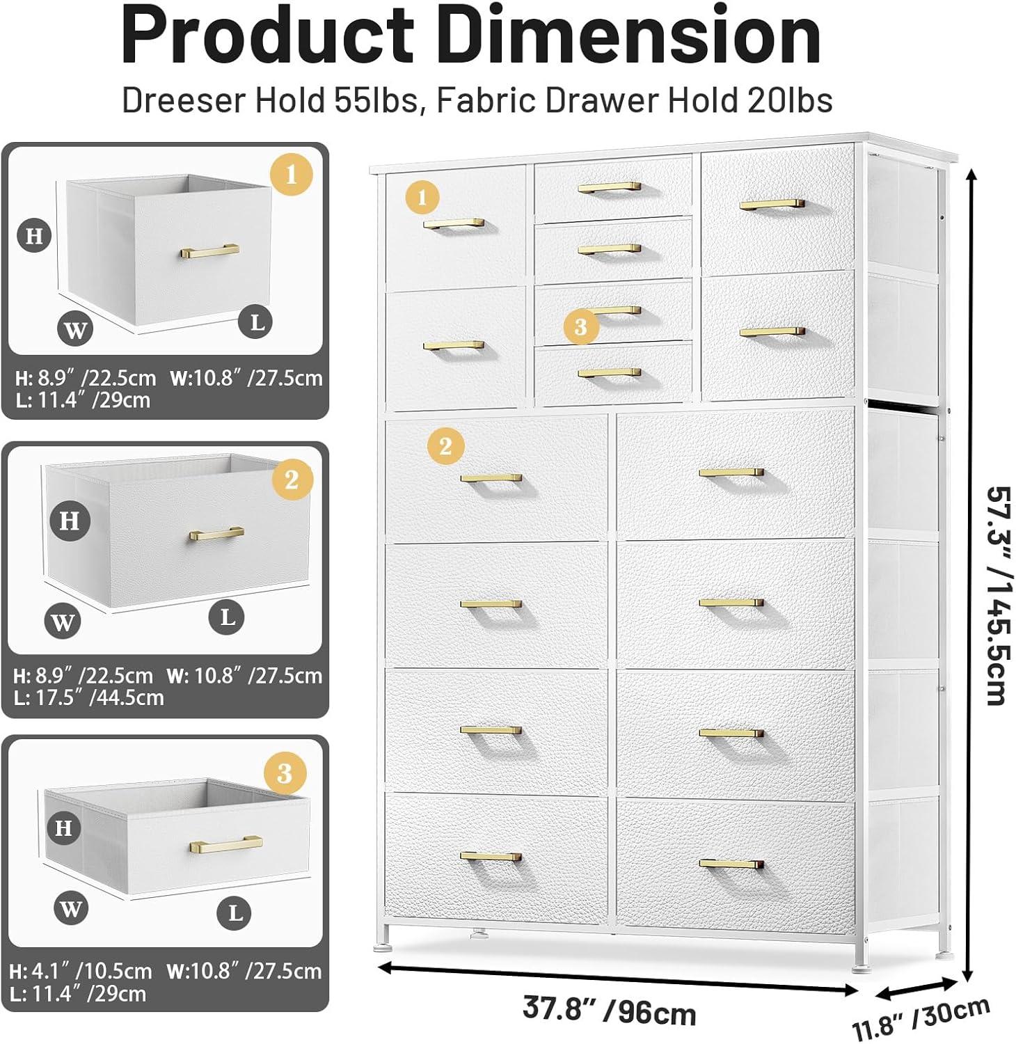 White Tall 16-Drawer Fabric Dresser with Metal Frame