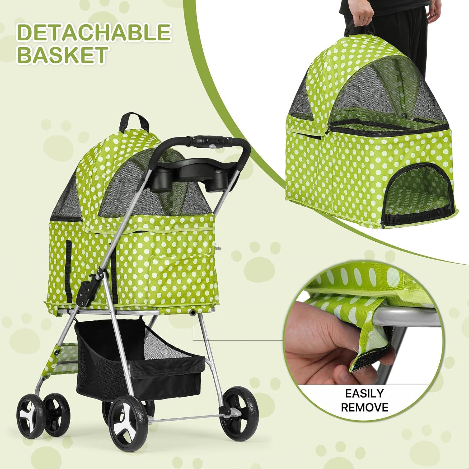 MoNiBloom 4 Wheel Foldable Dog Pet Stroller with Cup Holder, Lawn Green with White Polka Dots