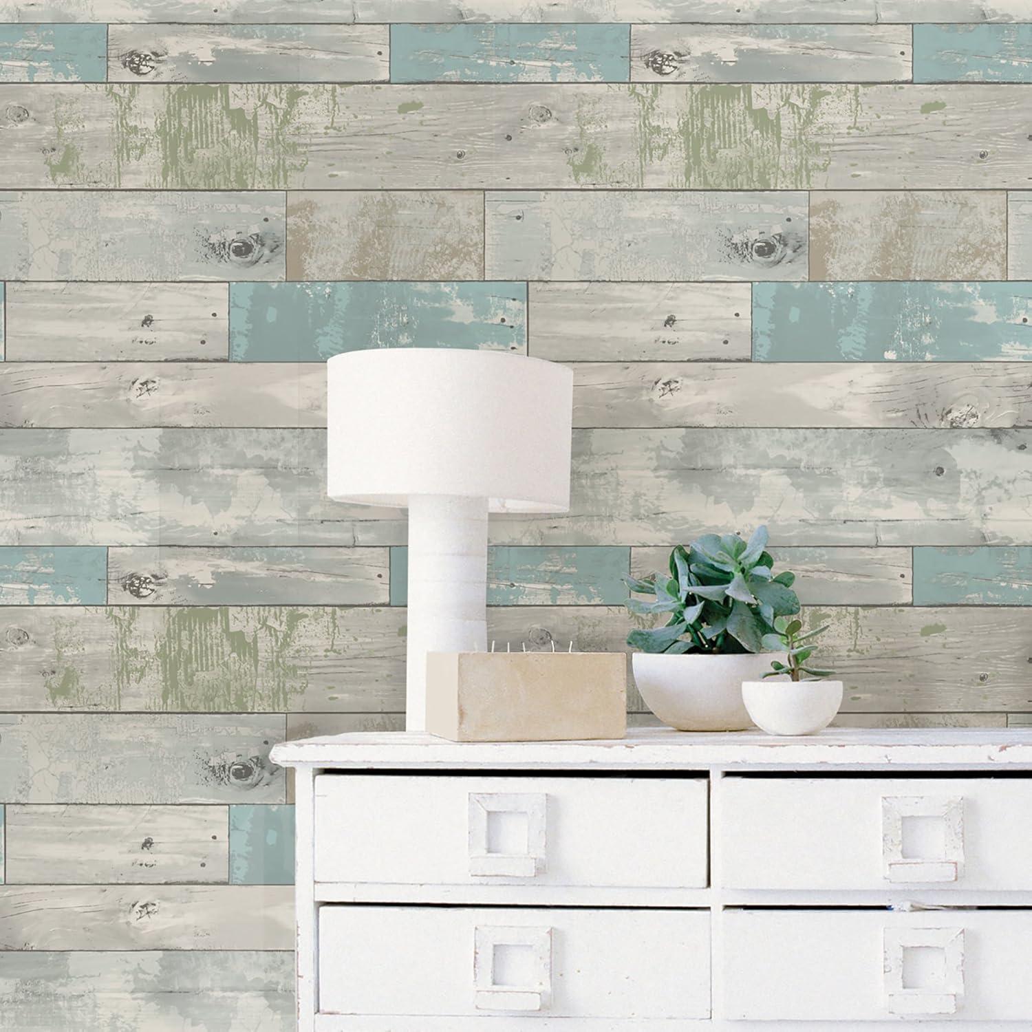 NuWallpaper Multicolor Beachwood Vinyl Peel And Stick Wallpaper, 216-in by 20.5-in, 30.75 sq. ft.