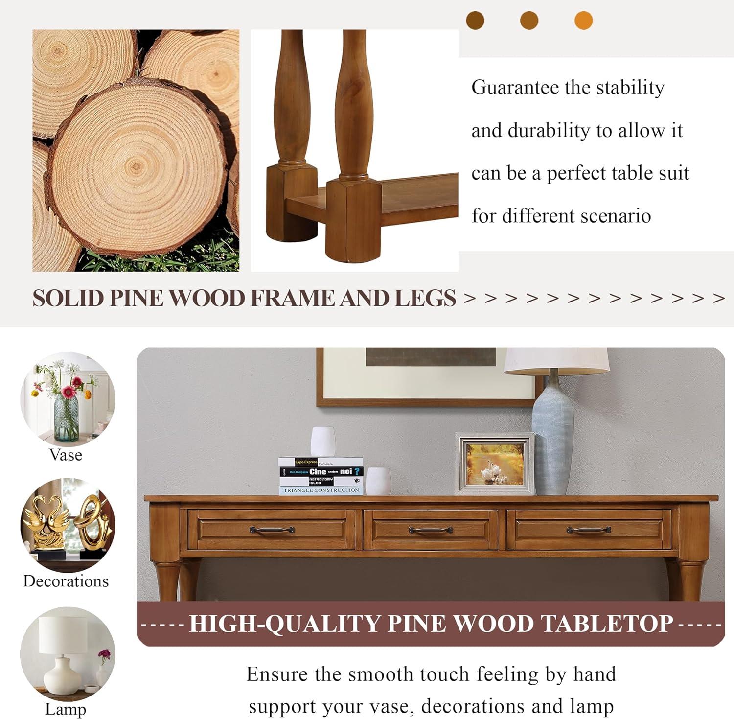 63inch Solid Wood Console Table with 3 Drawers and 1 Bottom Shelf Extra-Thick Sofa Table(Brown)