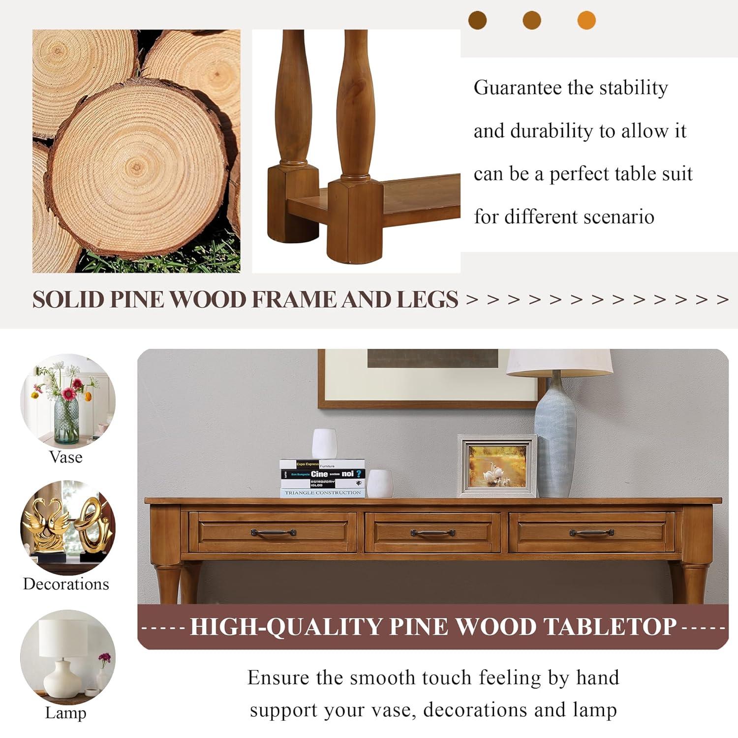 63inch Solid Wood Console Table with 3 Drawers and 1 Bottom Shelf Extra-Thick Sofa Table(Brown)