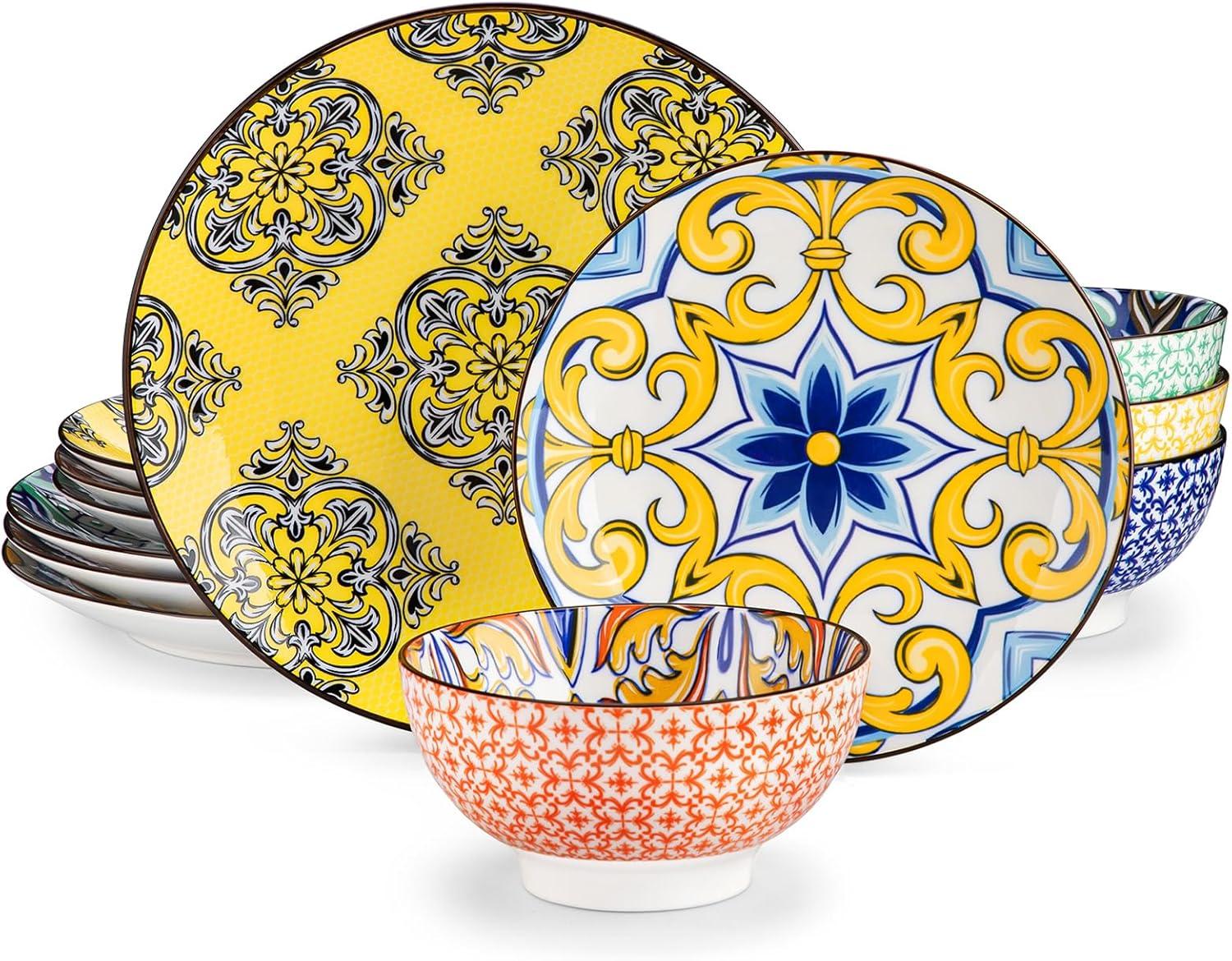 Bloomsbury Market Plates And Bowls Sets For 4,  Porcelain Dinnerware Sets Dishware Sets Chip Resistant Ceramic Dish Set Dining Dinner Ware Service, Series Jasmin,(12 Pieces/Mixcolor)