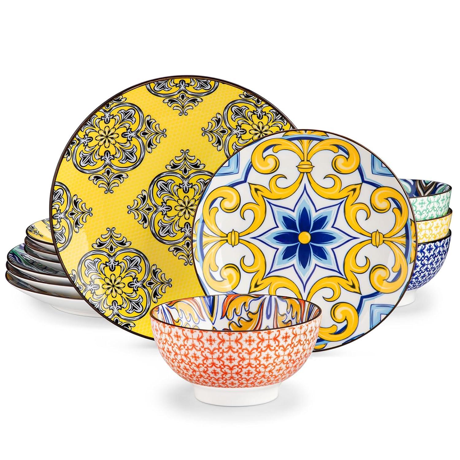 Bloomsbury Market Plates And Bowls Sets For 4,  Porcelain Dinnerware Sets Dishware Sets Chip Resistant Ceramic Dish Set Dining Dinner Ware Service, Series Jasmin,(12 Pieces/Mixcolor)