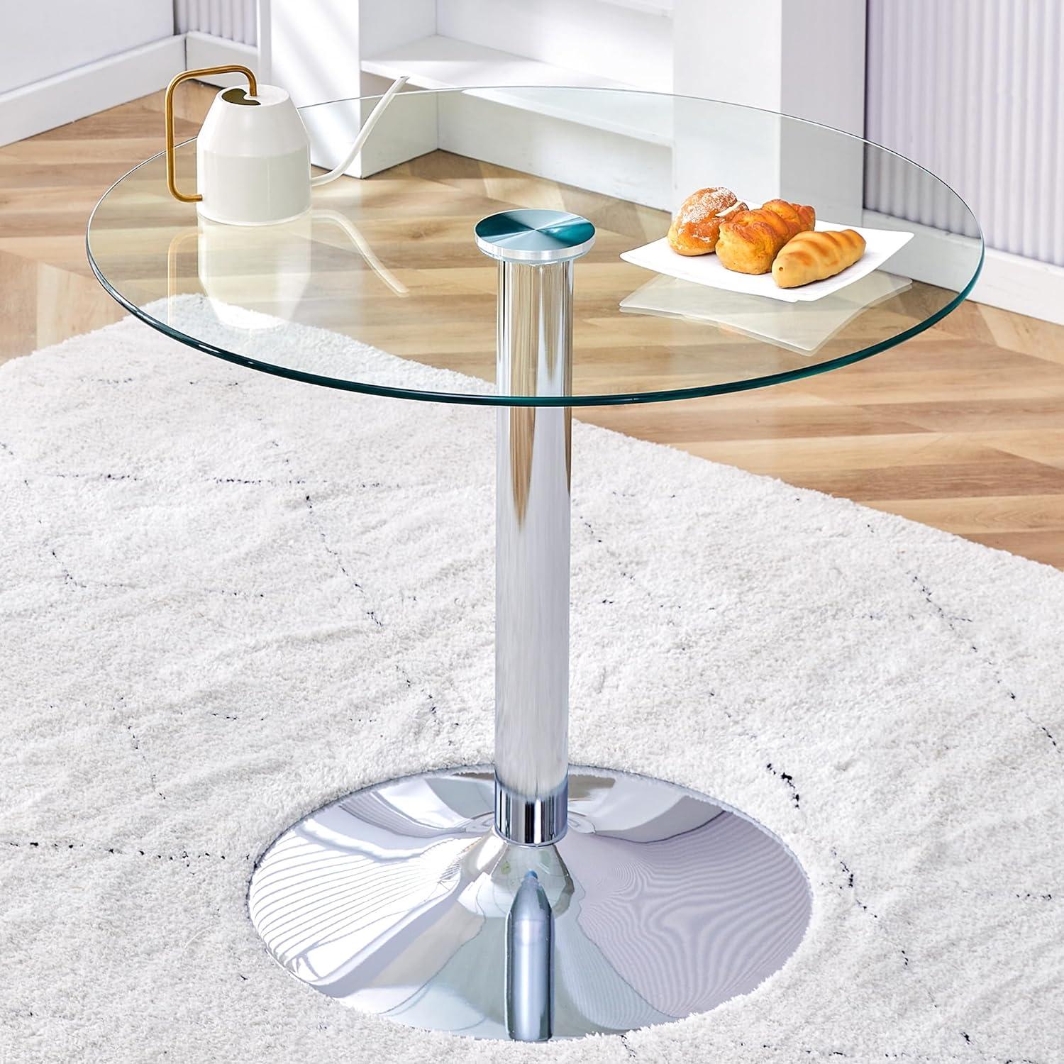 35" Round Glass Dining Table with Silver Metal Base