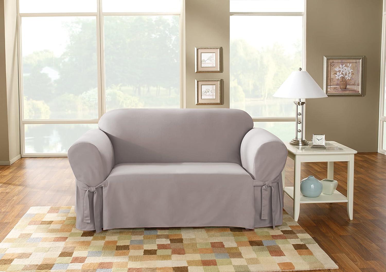 Gray Cotton Duck Loveseat Slipcover with Ties