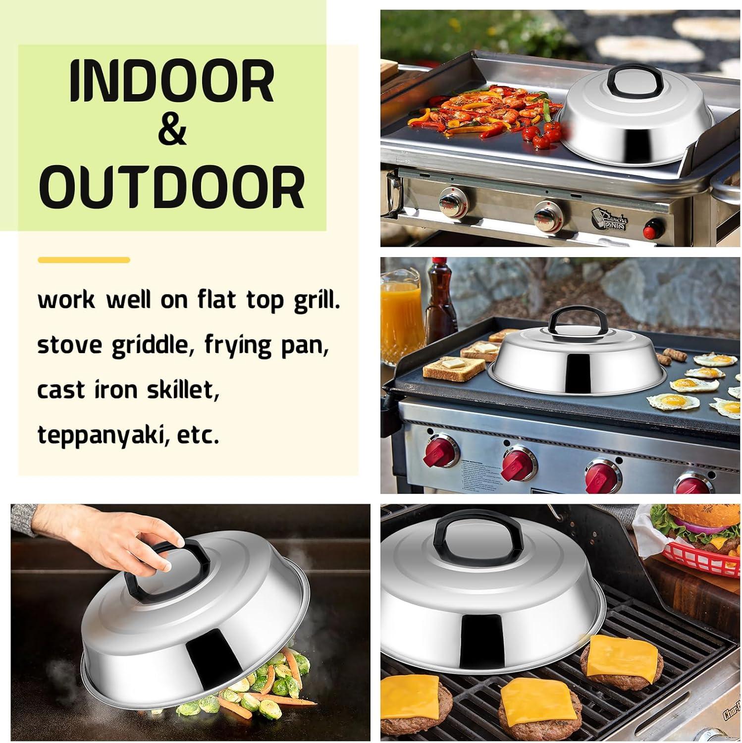 HaSteeL Cheese Melting Dome Set of 2, 12 Inch Round Basting Cover Metal Steam Cover, Stainless Steel Griddle Accessories for Flat Top Grill/Outdoor BBQ/Kitchen Cooking