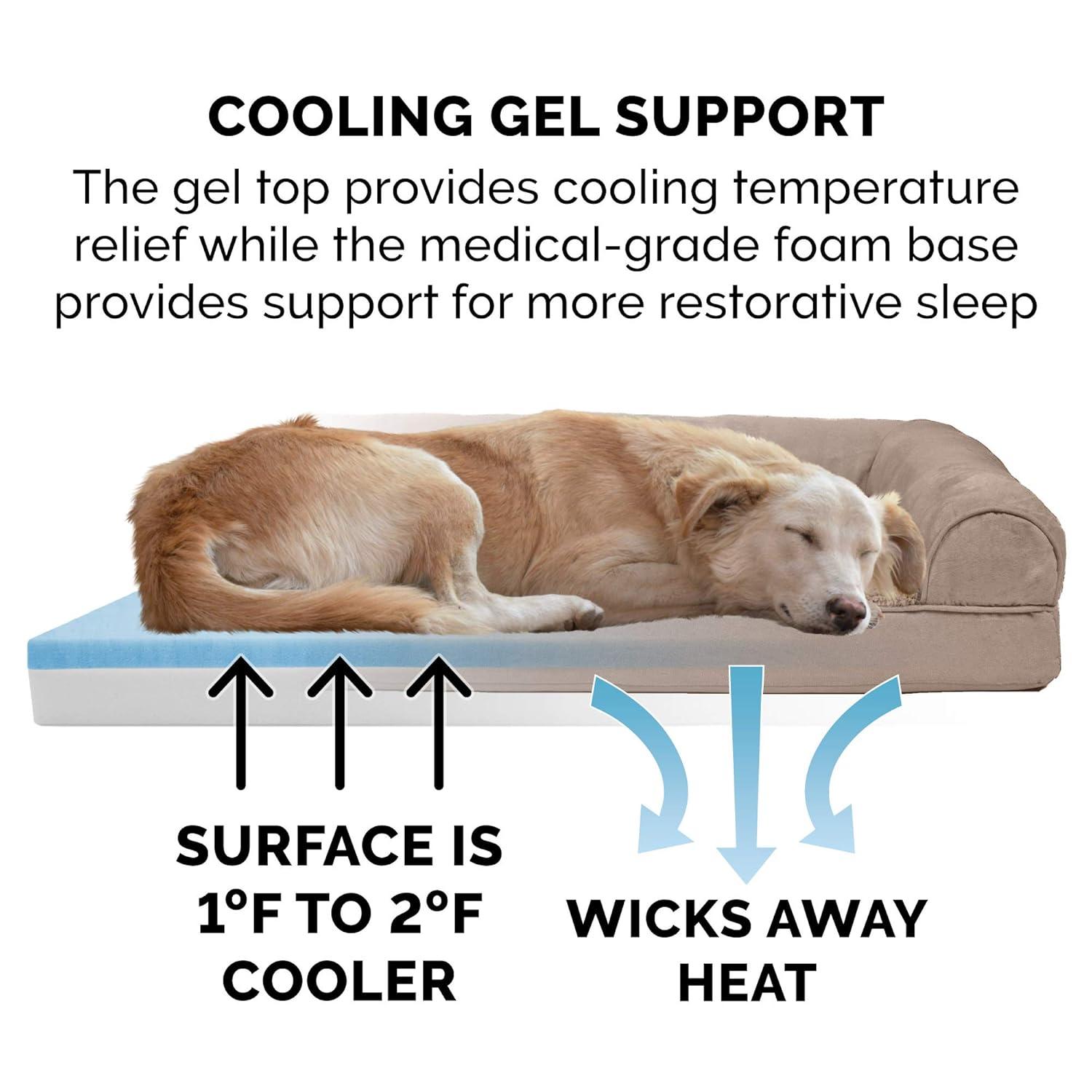 FurHaven Plush & Suede Cooling Gel Sofa Dog Bed - Medium, Almondine