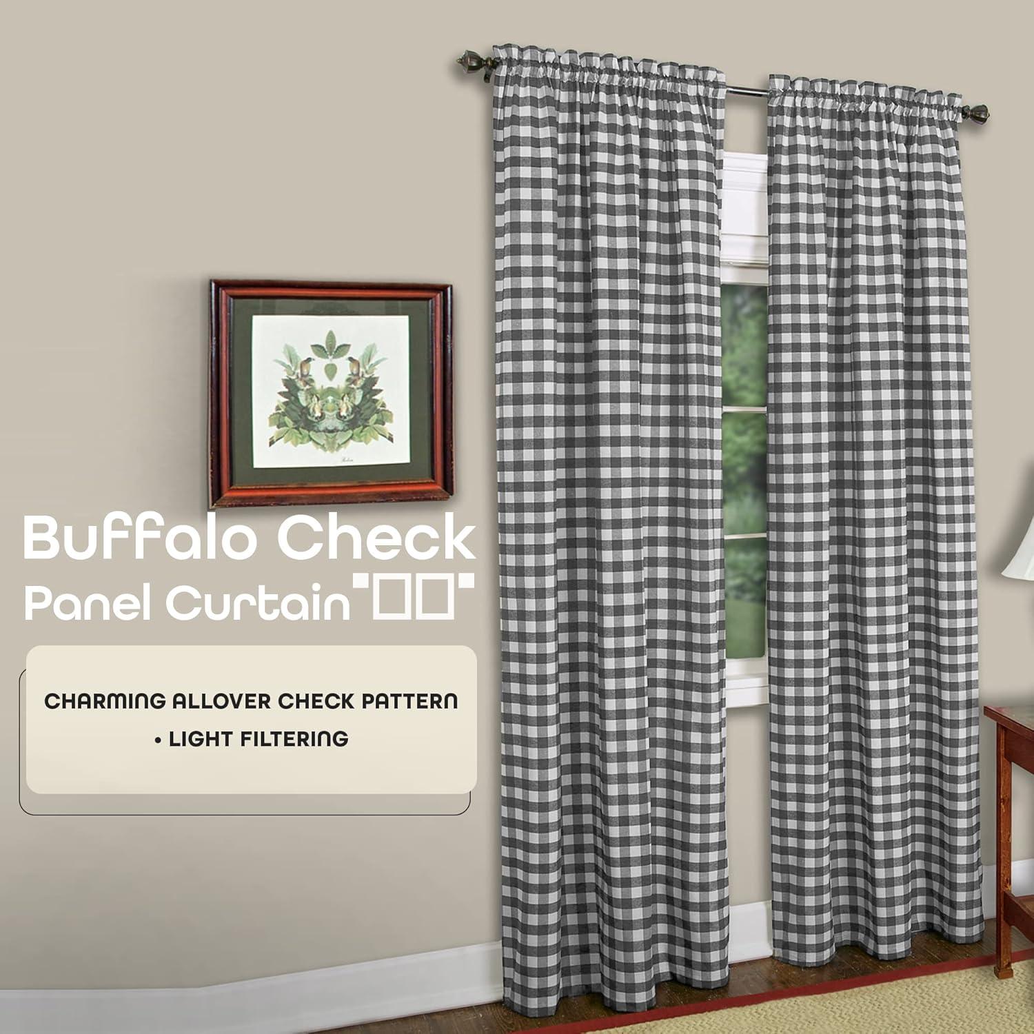 Achim Buffalo Check Window Curtain Panel, 42 inches x 95 inches, Black