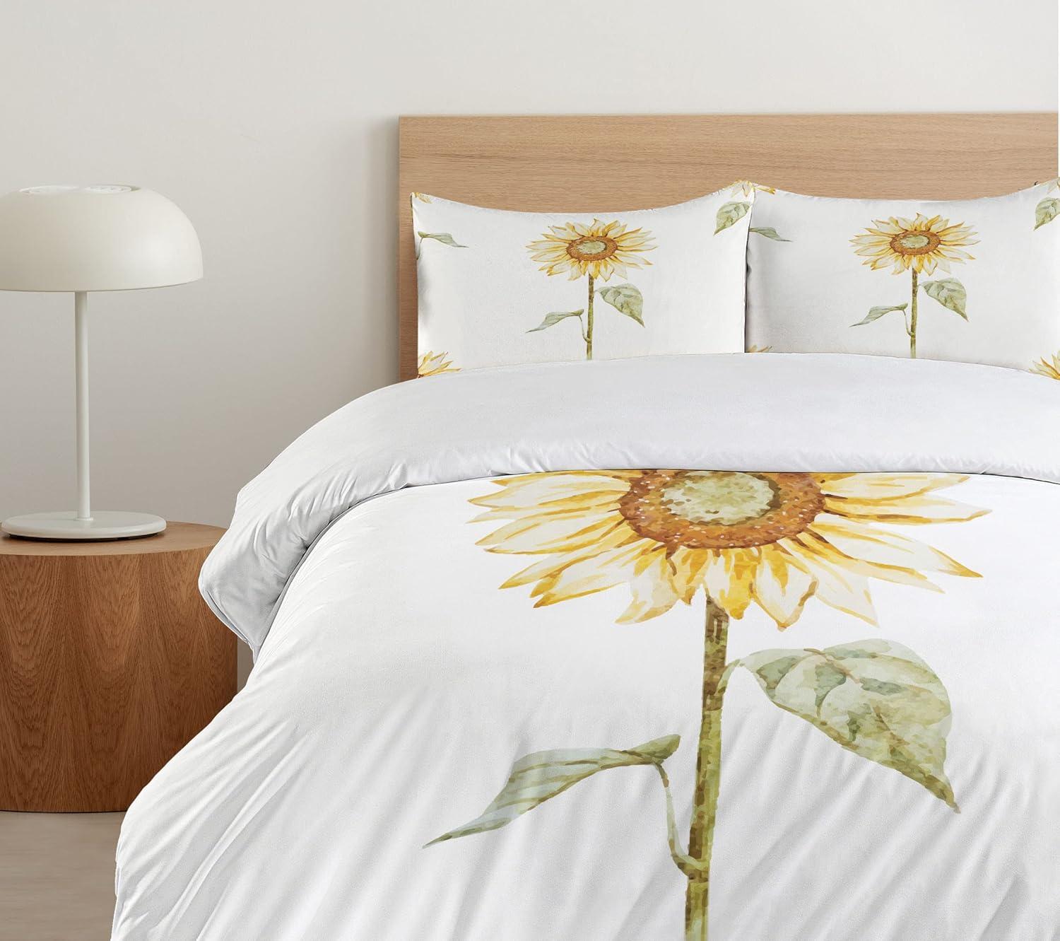 King Size Sunflower Watercolor Duvet Cover Set with Pillow Shams