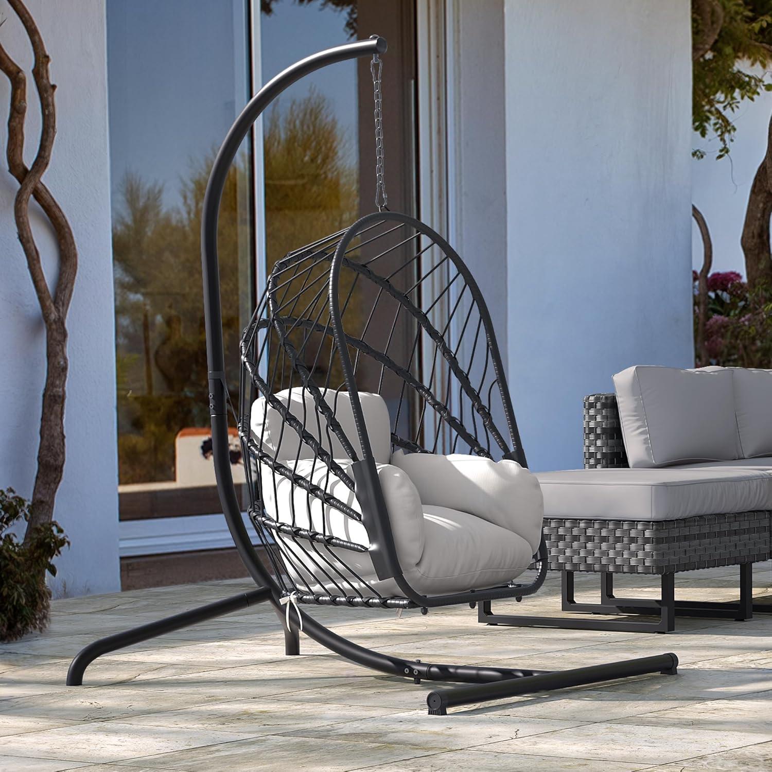 YITAHOME Hanging Egg Chair with Stand, Rattan Wicker Swing Egg Chair with Resistant Cushion, 370lbs Capacity, Foldable Hanging Basket Chair for Porch, Garden, Bedroom, Balcony - Grey