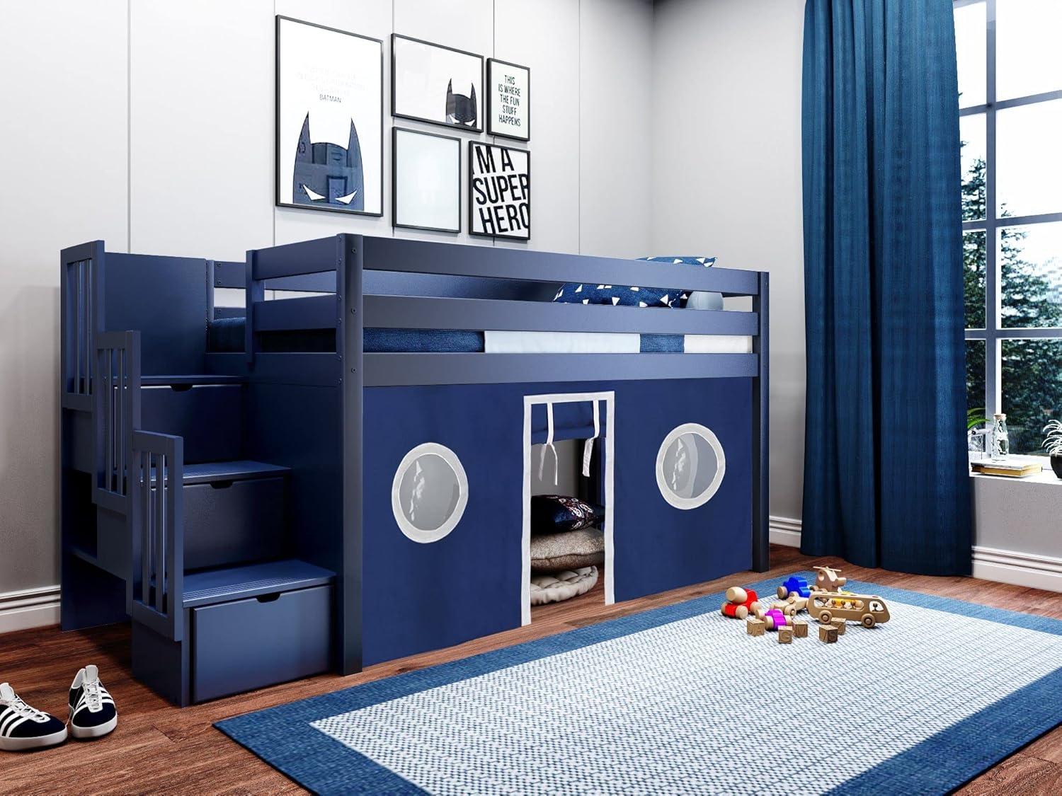 Blue Twin Wood Frame Bunk Bed with Storage and Tent