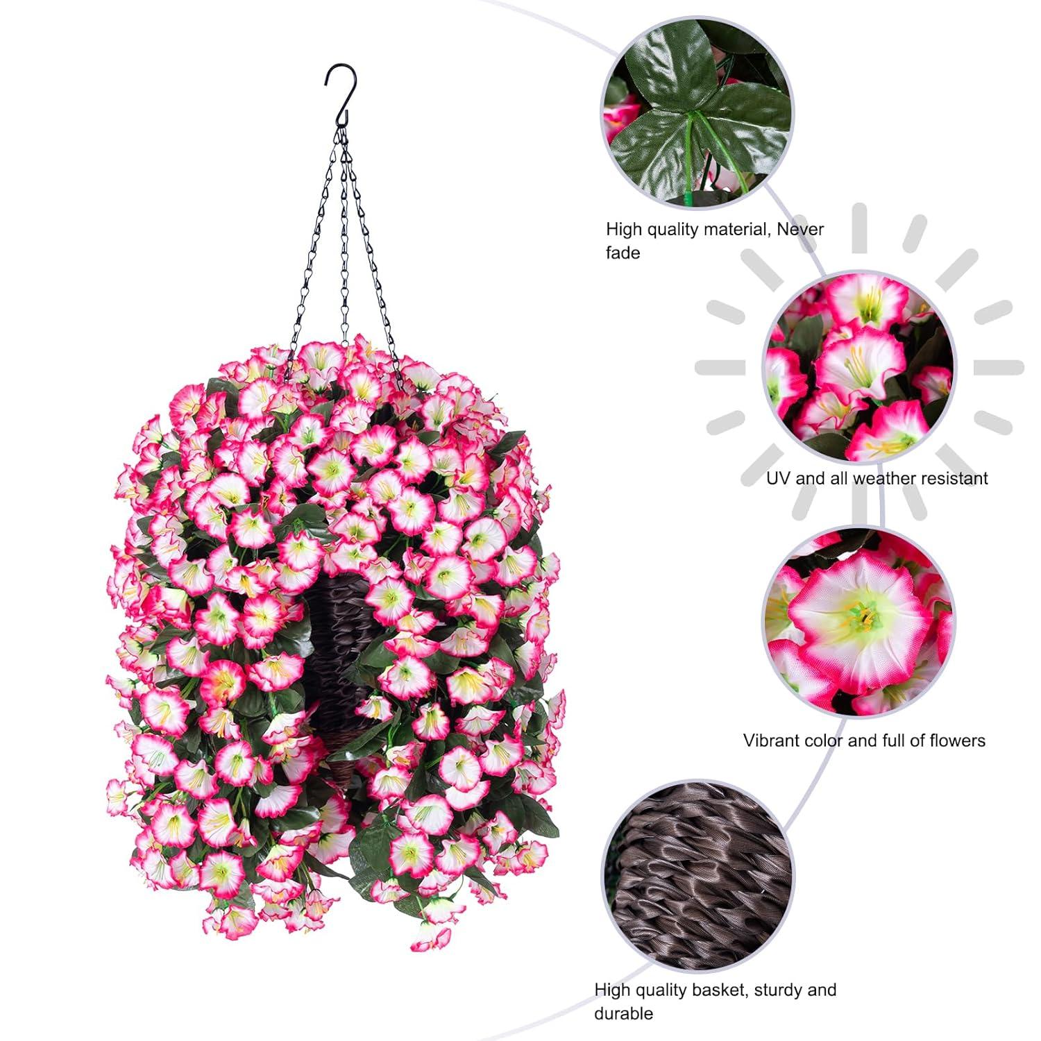 Artificial Hanging Flowers in Basket Fake Plant for Outside, Silk Pink Morning Glory Flower Arrangement for Outdoor Decor, UV Resistant Realistic Floral Planter for Porch Patio Balcony