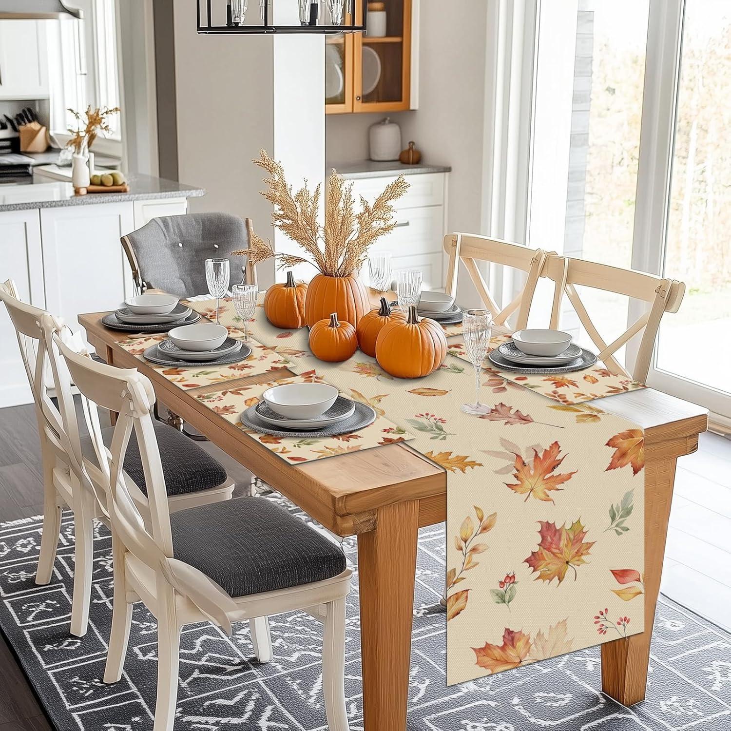 Autumn Maple Leaves Beige and Orange Fabric Placemats Set of 4